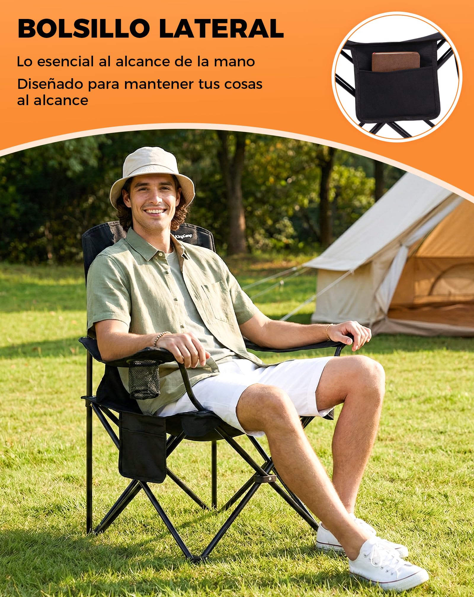 KingCamp Silla de Camping Plegable Ergonómica Acolchada 150 kg | Con Portavasos, Bolsillo Lateral, Solo 2,8 kg, Tamaño Compacto 15×15×93 cm para Camping, Jardín, Pesca y Exterior