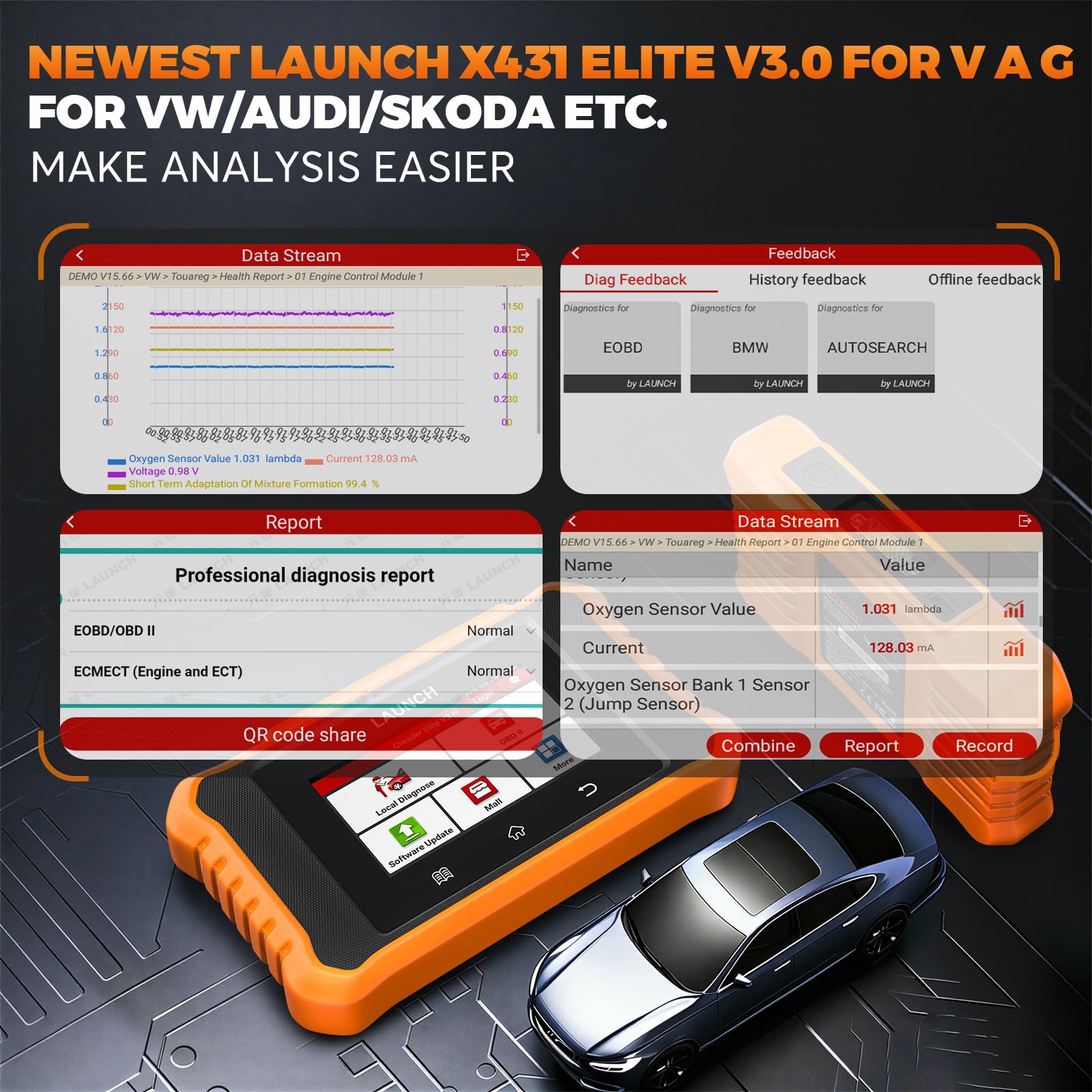 LAUNCH X431 Elite V3.0 OBD2 Diagnosi Auto di Tutti i Sistemi per Audi per V A G con 50+ funzione di reset, Controllo Bidirezionale Codifica ECU Online TPMS EPB DPF Aggiornamento a Vita