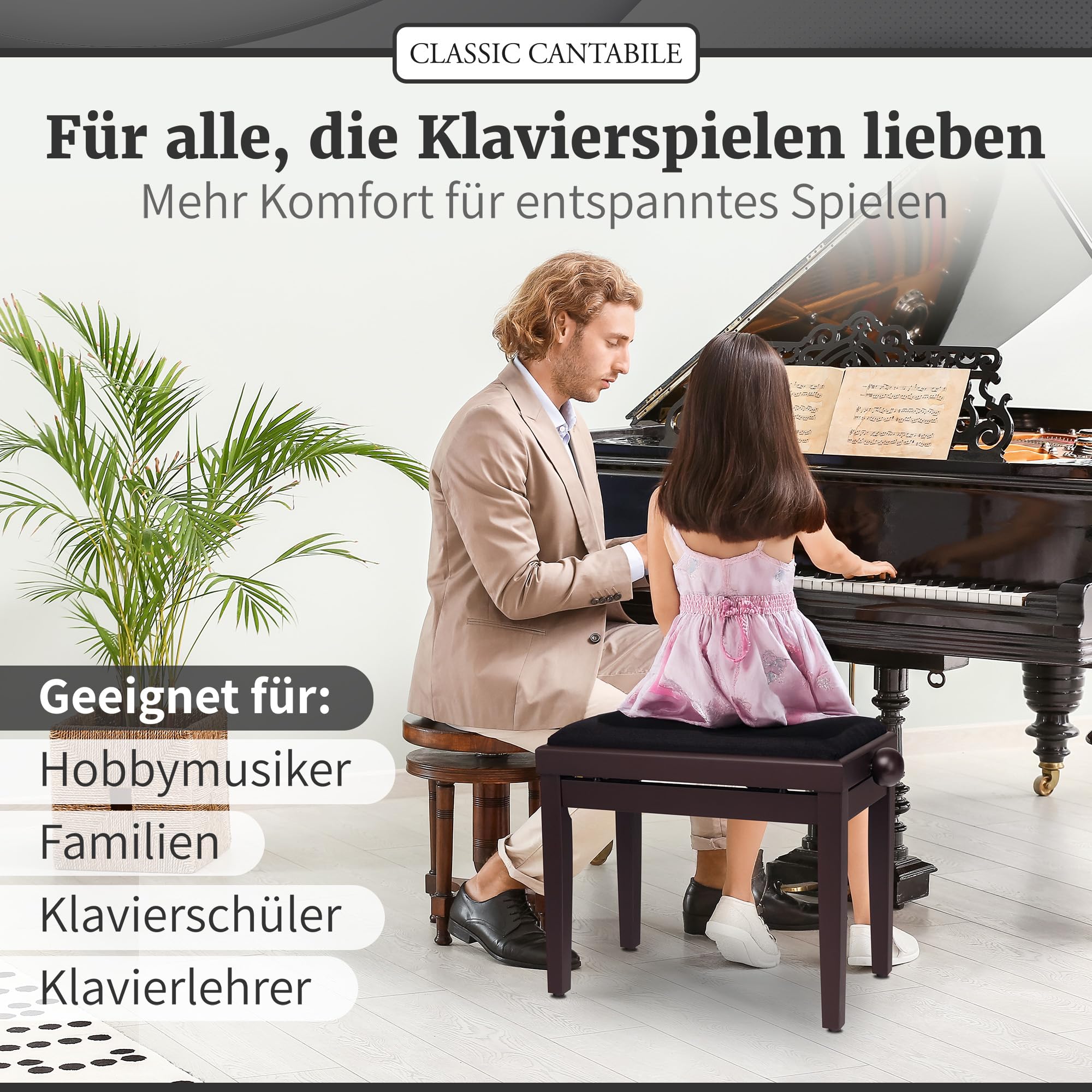 Classic Cantabile Pianobank Rosenholz-matt (höhenverstellbar von 47-56cm, Spindelmechanik, Sitzfläche 55 x 32cm, schwarzer Velourbezug, stabil)