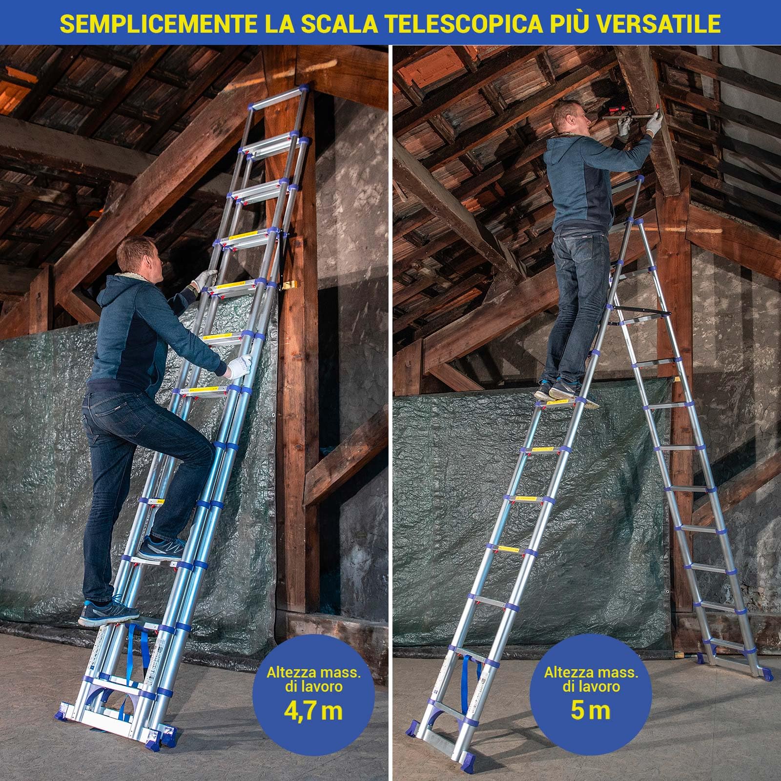 Scala telescopica a 12 gradini EXTENDACT12, Scala telescopica 3,5m+3,2m, scala pieghevole, Stabilizzatore, Alt. max lavoro 5m, Garanzia 5 anni, Hostrom