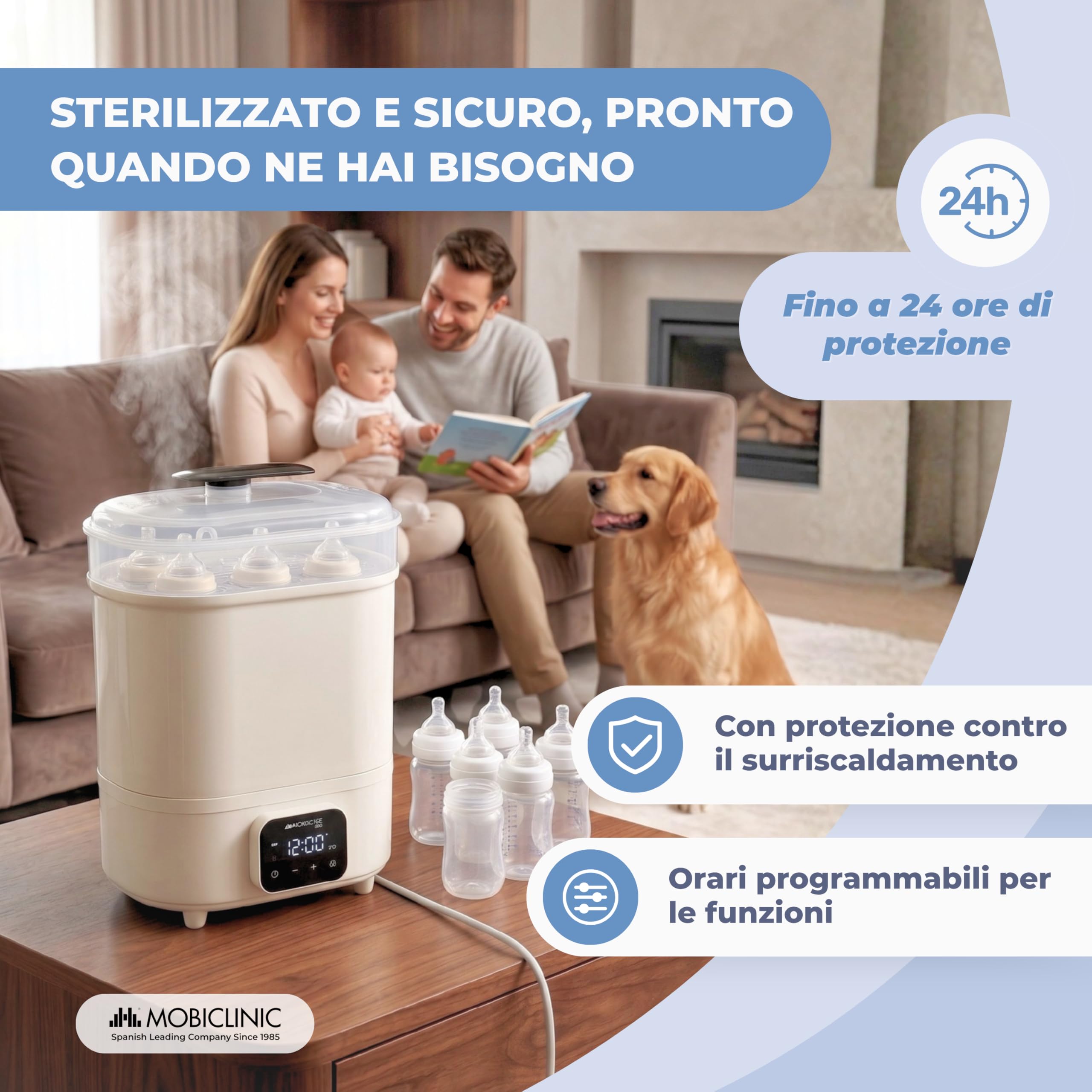 Mobiclinic®, Sterilizzatore Biberon, 4 in 1, Fino a 6 Bottiglie, Asciuga, Mantiene la Temperatura, Modalità Automatica, Ciucci e Tiralatte, Schermo LCD, Compatto, Mobibi