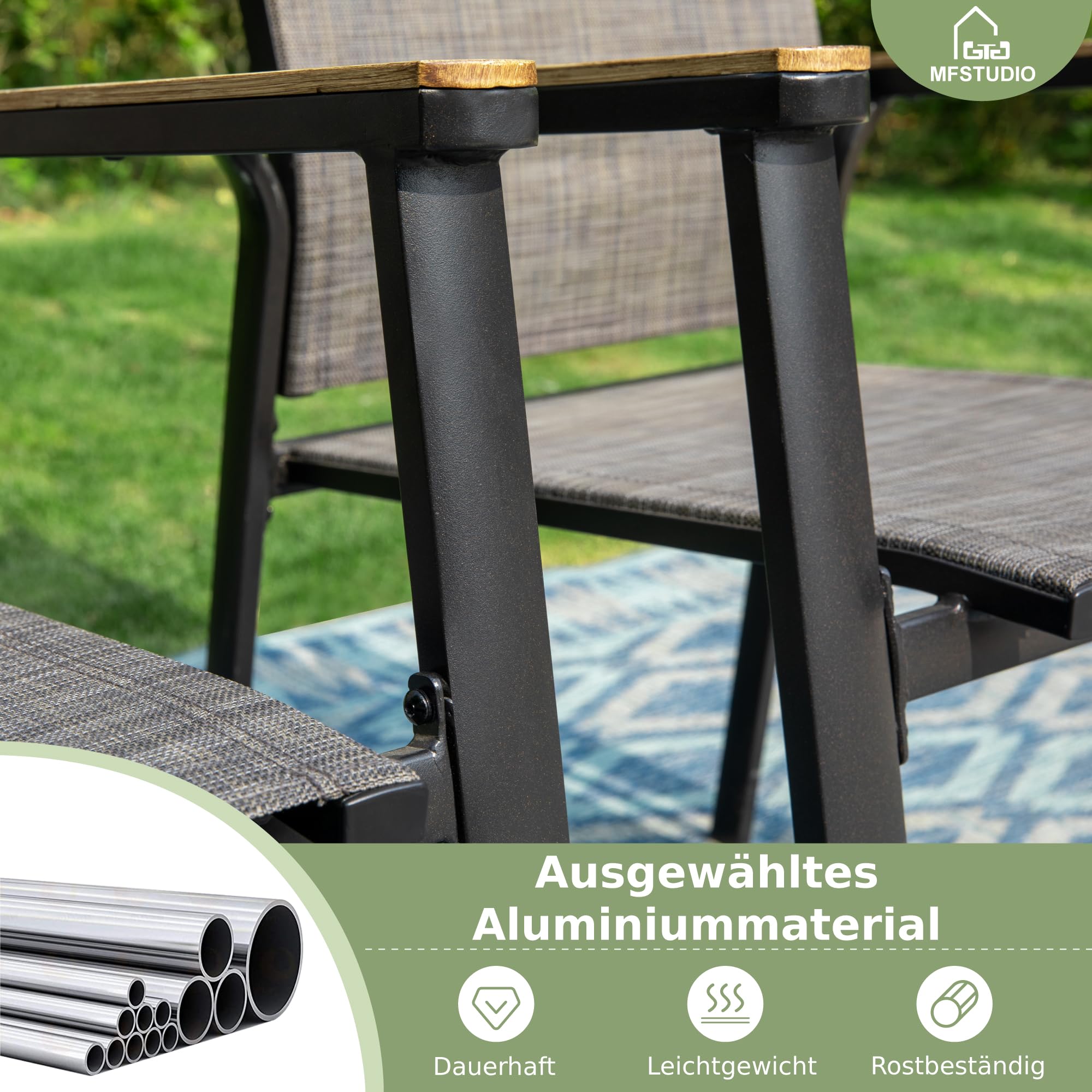 MFSTUDIO Gartenmöbel Set, Terassenmöbel Außen | Bestehend aus Tisch und 4 Stühlen, Rostfreies Metall, Stapelbare Stühle, 152 x 96 x 71 cm, Sonnenschirmöffnung 4–5 cm