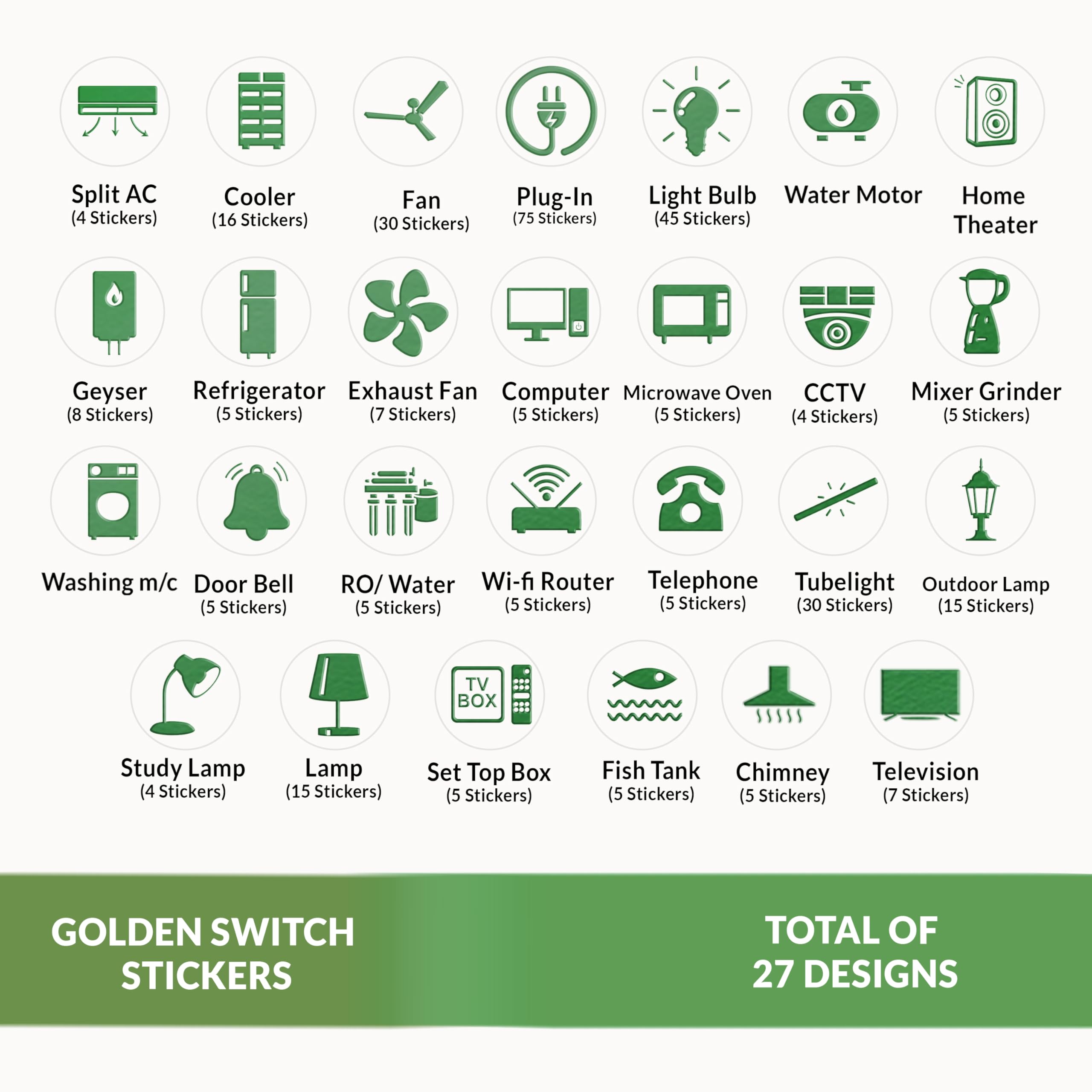 Wonder Hub Premium Green Foil Embossed Switch Stickers for Switch Board | Pack of 330 Stickers for Home Including Fan, Light and Many More 1