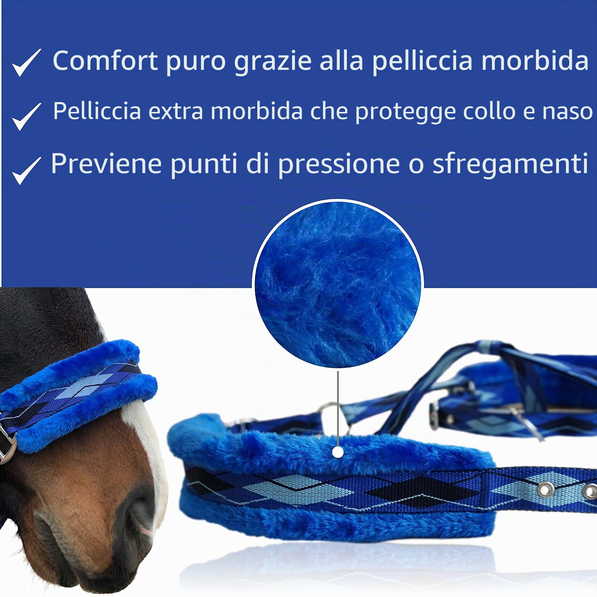 Pferdelinis Cavezza per cavalli in pelliccia cavezza foderata blu nelle taglie xfull cavezza pony, Cob, sangue caldo (blu, pony)