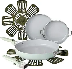 GoodCook Conjunto de panelas de cerâmica, livre de PFAS/PTFE/PFOA, saudável, não tóxico, compatível com indução, antiaderente e seguro para forno com alça removível, 7 peças, verde menta