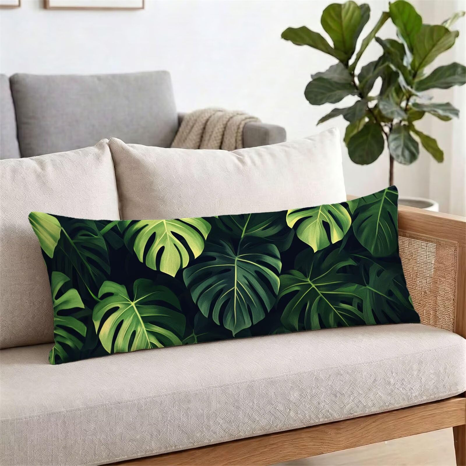 Funda de Almohada 60 x 180 cm Verde Protector Almohada 180 cm con Cremallera Invisible, Lino Durable y Transpirable Pillow Case Largas Hoja Impresión a Doble Cara para Cama, Sofá y Dormitorio dg-89