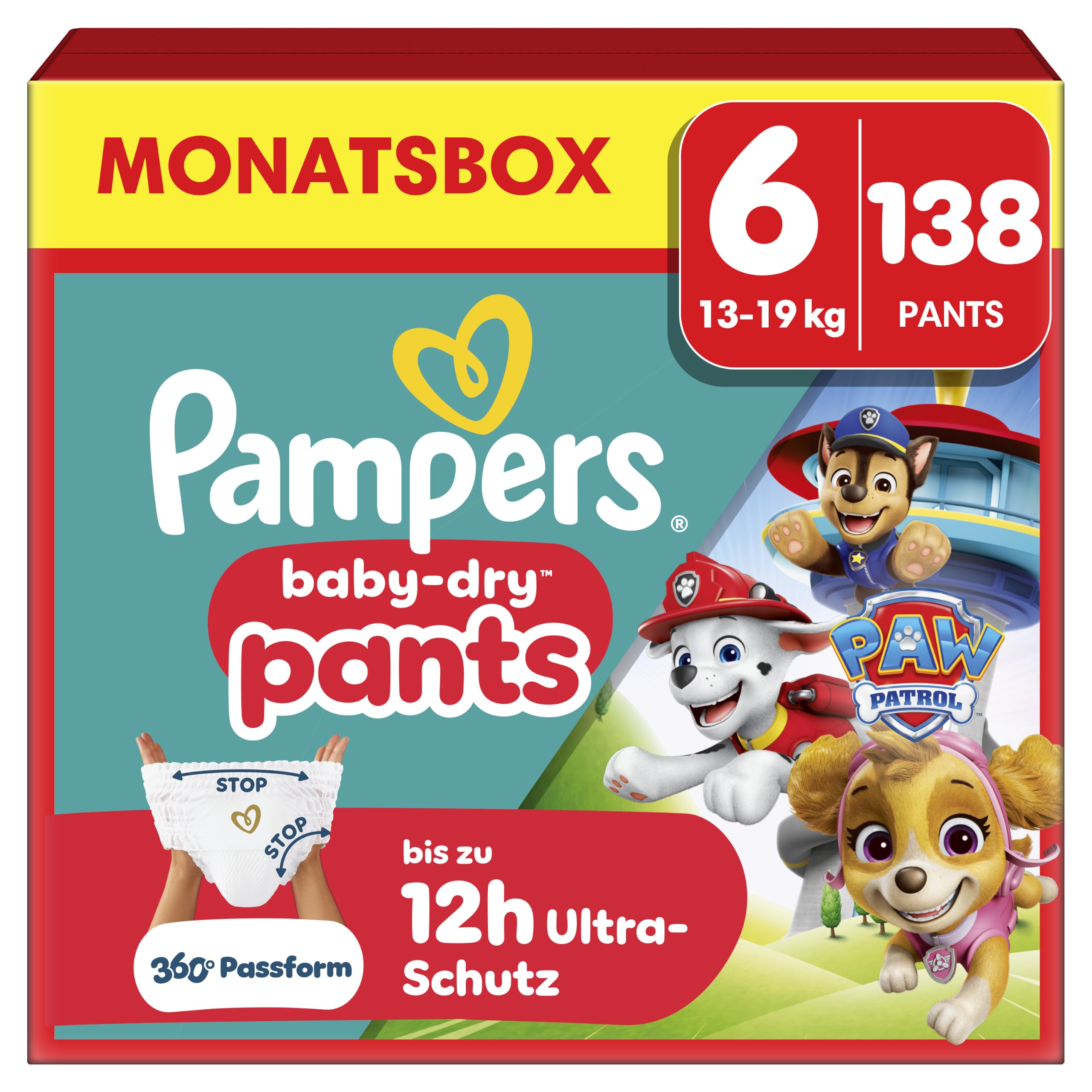 Pampers Baby-Dry Pants Paw Patrol Edition Größe 6, 138 Windeln, 13kg-19kg, 360° Passform hilft, Auslaufen zu verhindern