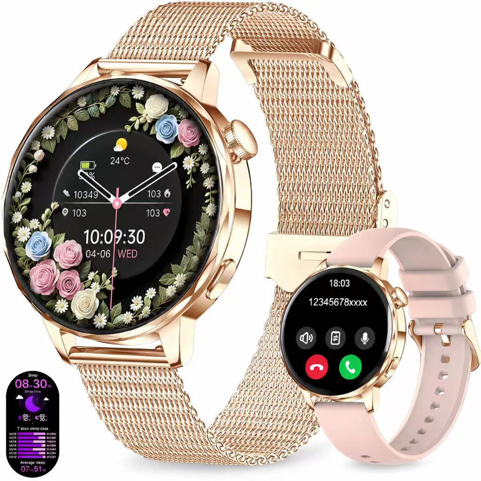 Efolen Montre Connectée Femme avec Appel Bluetooth, 1.27" Smartwatch Femme Ronde avec 2 Bracelets, Fréquence Cardiaque SpO2 Sommeil, 100+ Modes Sportifs, Podomètre IP68 pour Android iOS