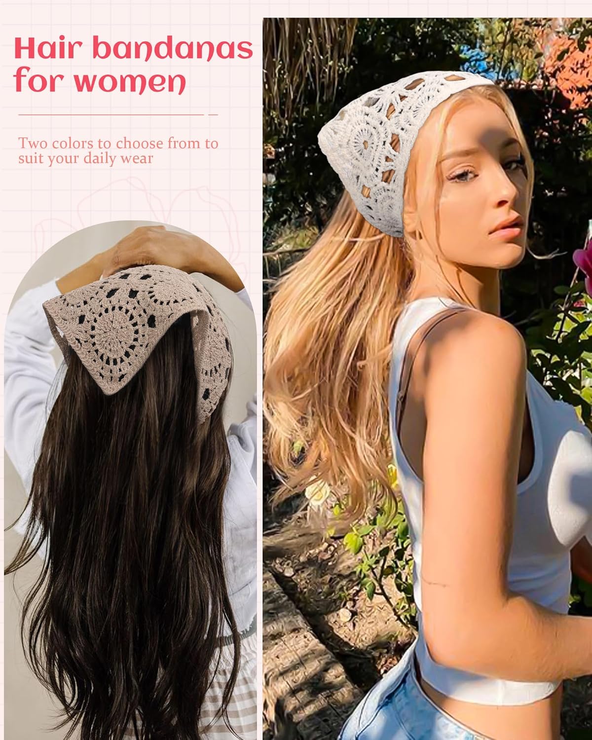 HAIMEIKANG Floral Crochet Hair Bandanas Headscarf 2 PCS Women Hair Scarf Daisy Headband Vintage Head Kerchief for Girls - Image 4