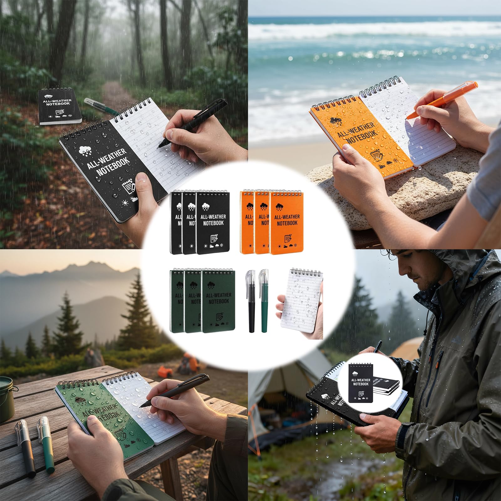 4 wodoodporne zeszyty A7 z 1 długopisem, kieszonkowy notatnik All Weather, spiralny blok notatnikowy, wodoodporny papier, zeszyt reporterski do szkoły, pracy, podróży i aktywności na świeżym powietrzu