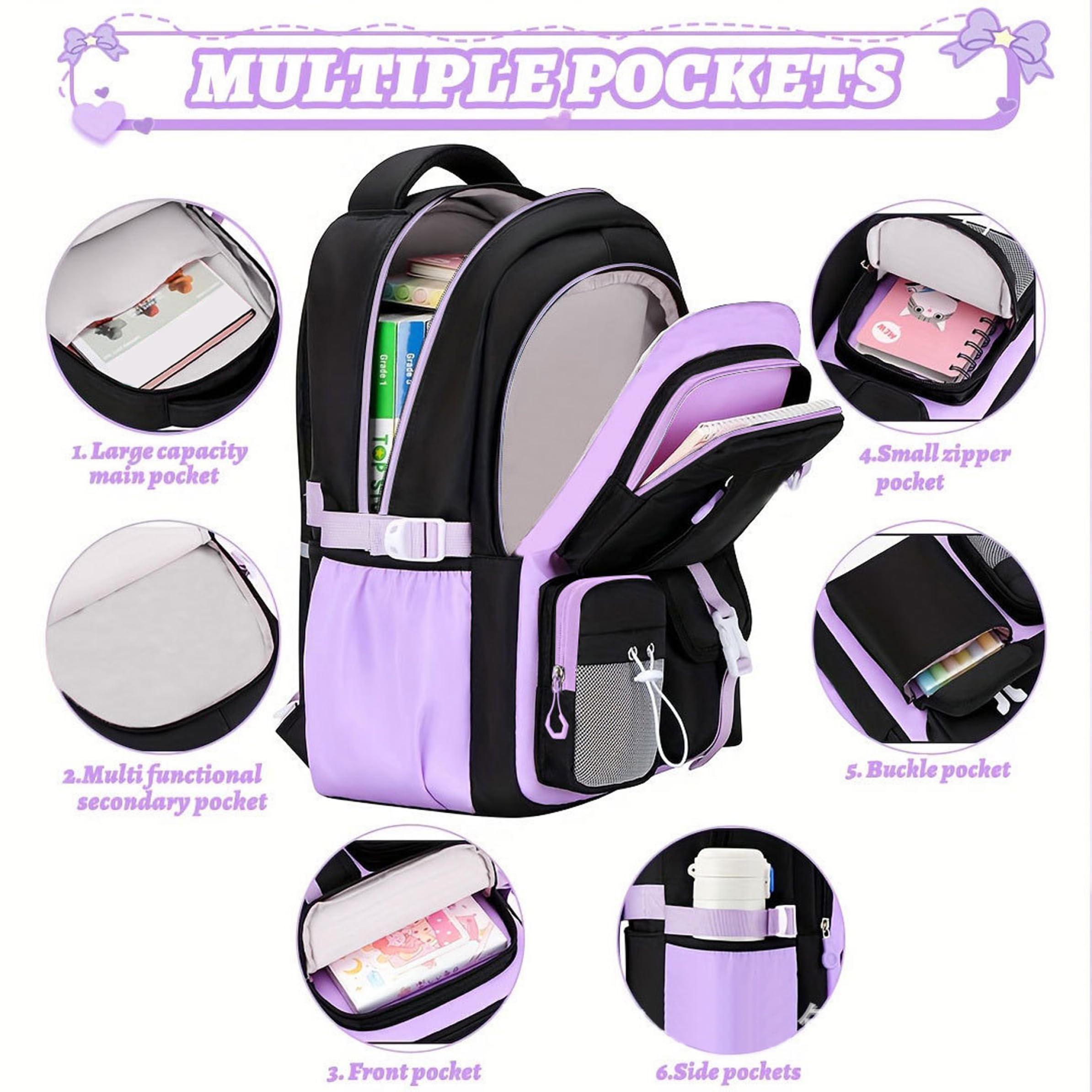 Conjunto de mochila para niñas, bolso escolar con lonchera y estuche, negro y morado