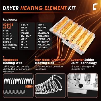 Dryer Heating Element Kit for Speed Queen Dryer Parts | Replaces 503978 964p3 510329 61928 Heating Element, for Maytag Speed Queen Dryer Parts ADE3SRGS173TW01 ADE3LRGS171TW01