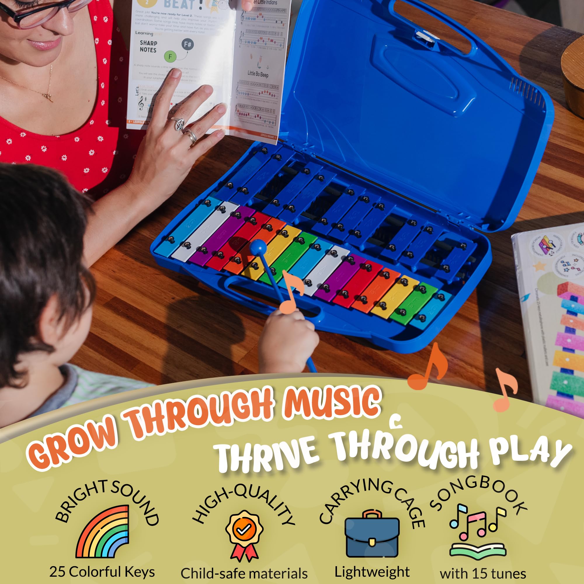 Leopold & Marianne | Xylophone for Kids Ages 5-9 | Kids Musical Instrument | Glockenspiel 25 Notes Chromatic | Color Metal Keys | Music Book Included, Play-Along Videos, Blue Carry Plastic Case