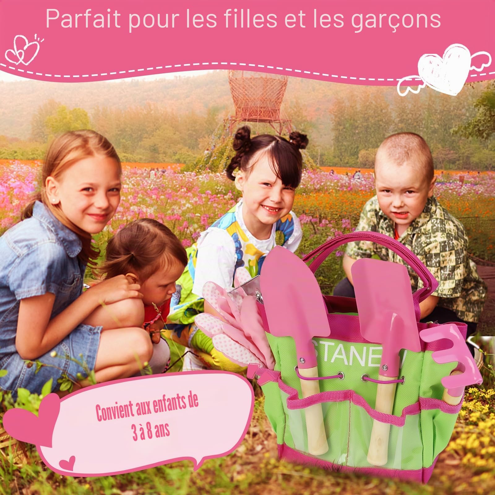 Stanew Kit Jardinage Enfant, Kit D‘Outils De Jardin avec Sac, Outils De Jardin Inclus Seau, Tablier Enfant, Gants De Jardinage, Pelle Rateau