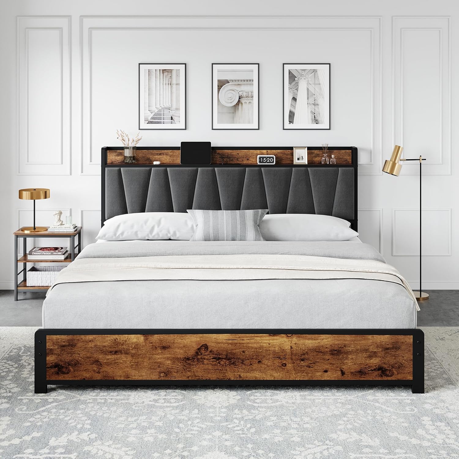 Garvee King Size Upholstered Bed Frame with 4 Storage Drawers, Storage Bed wtih Headboard, Charging Stastion，Heavy Duty Metal Platform Bed Frame, Noise Free Slats, No Box Spring Needed, Rustic Brown