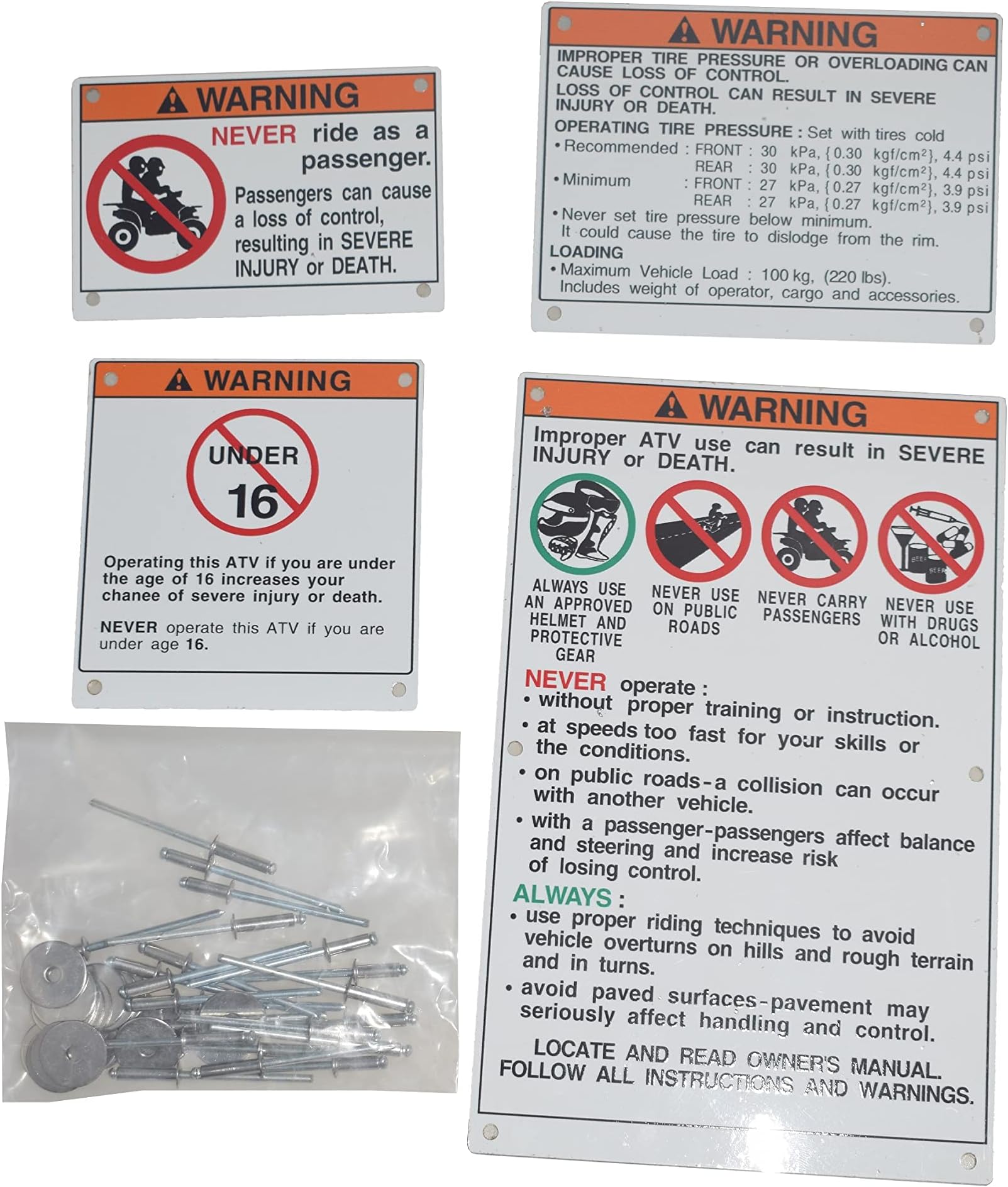 Warning Decals Stickers Labels Aluminum Backed Compatible with Yamaha Raptor Blaster Banshee