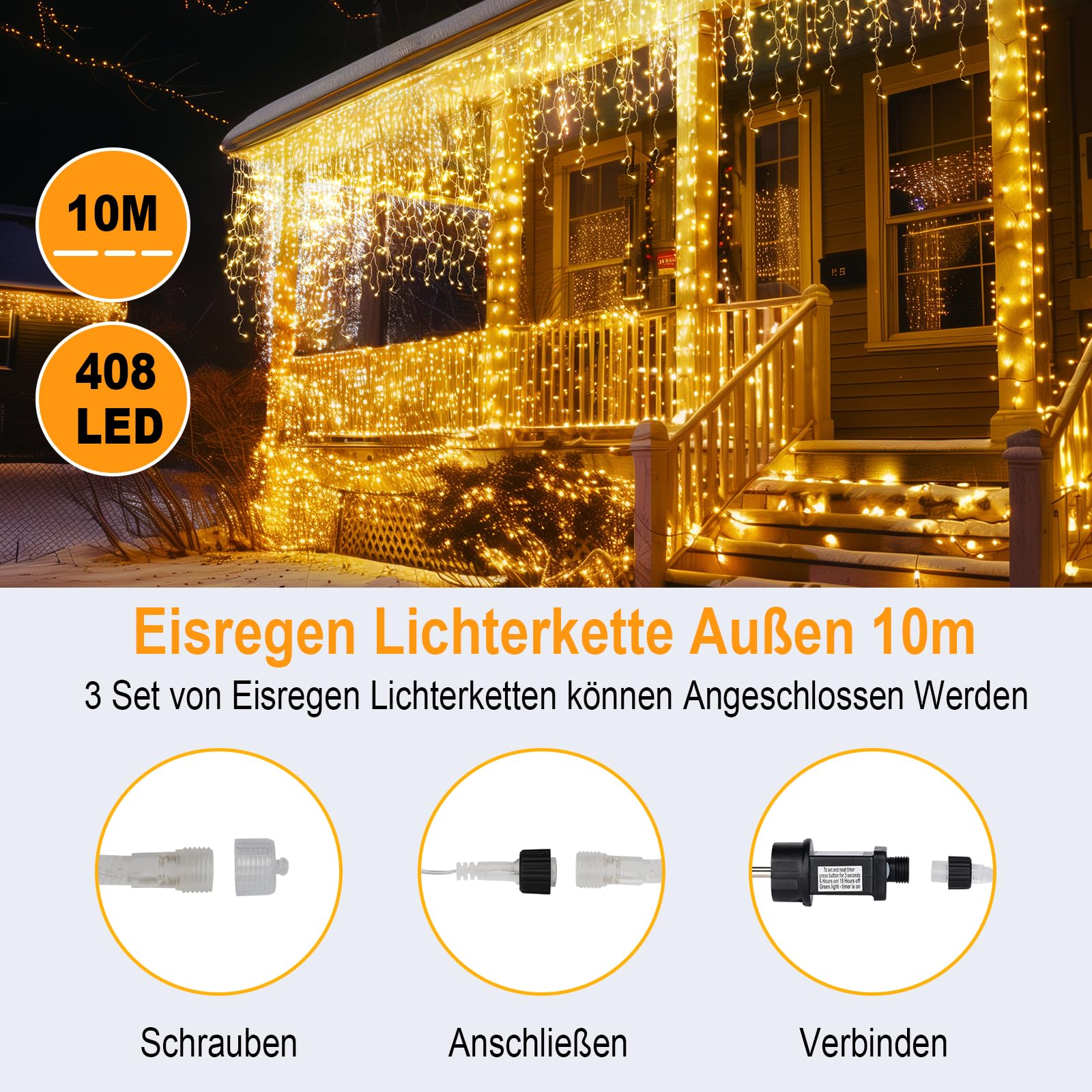 Eisregen Lichterkette Außen, 10M 408LED Weihnachtsbeleuchtung Aussen mit Fernbedienung Timer 8 Modi IP44 Wasserdicht Lichtervorhang für Balkon Haus Traufe Vorbau Geländer Warmweiß
