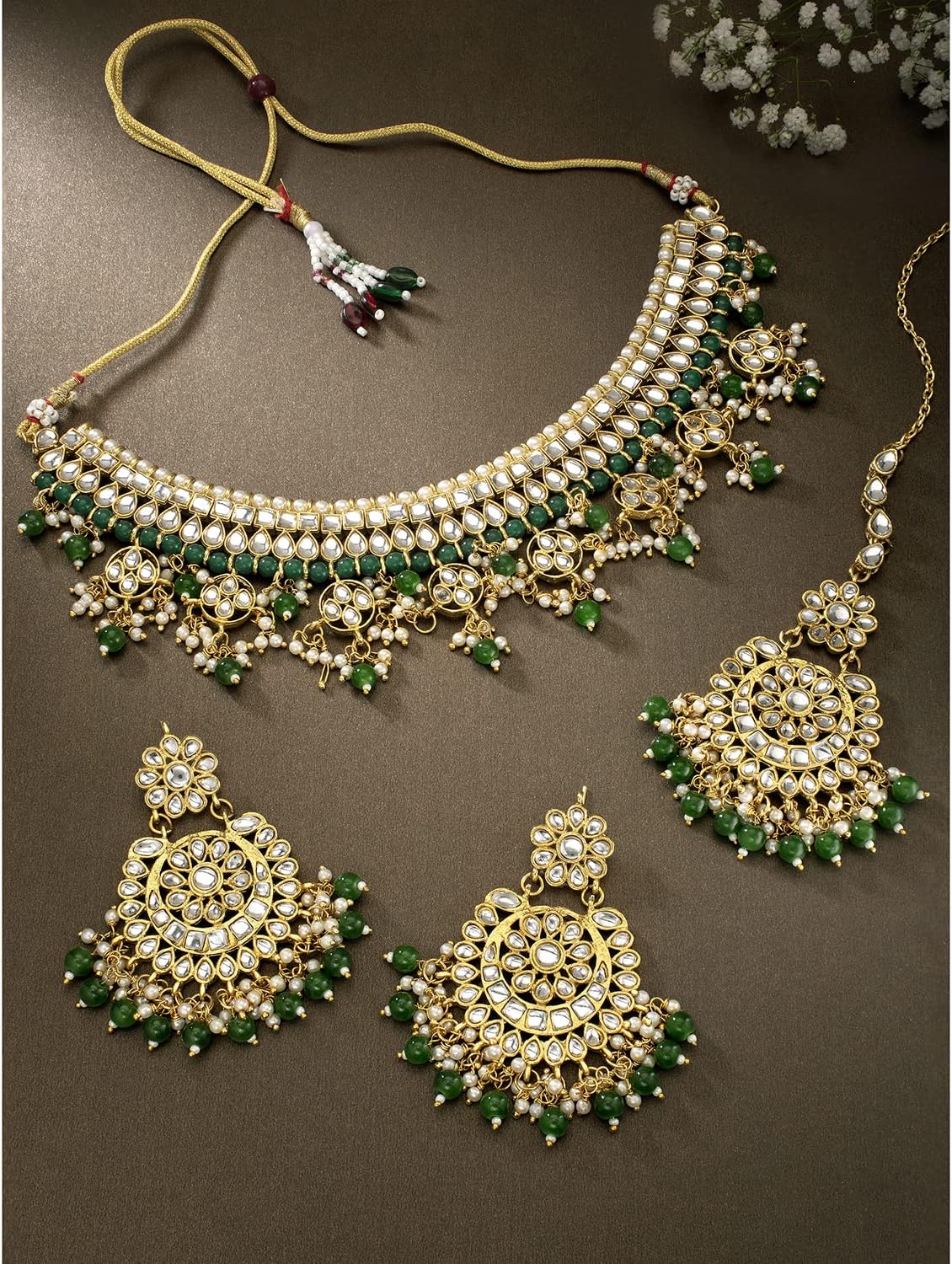 Aheli Indian Wedding Wear Beaded Faux Kundan Pearl Necklace Set with Earrings Maang Tikka Ethnic Bharatanatyam jewellery setGift for Women - Image 2