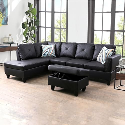 Seater 66" Chaise Lounge & 28" Storage Ottoman, Modular Upholstered Corner Sofas with Left Armrest for Living Room, Faux Leather L-Shape Sectional Couches Set, Black + 3 Piece