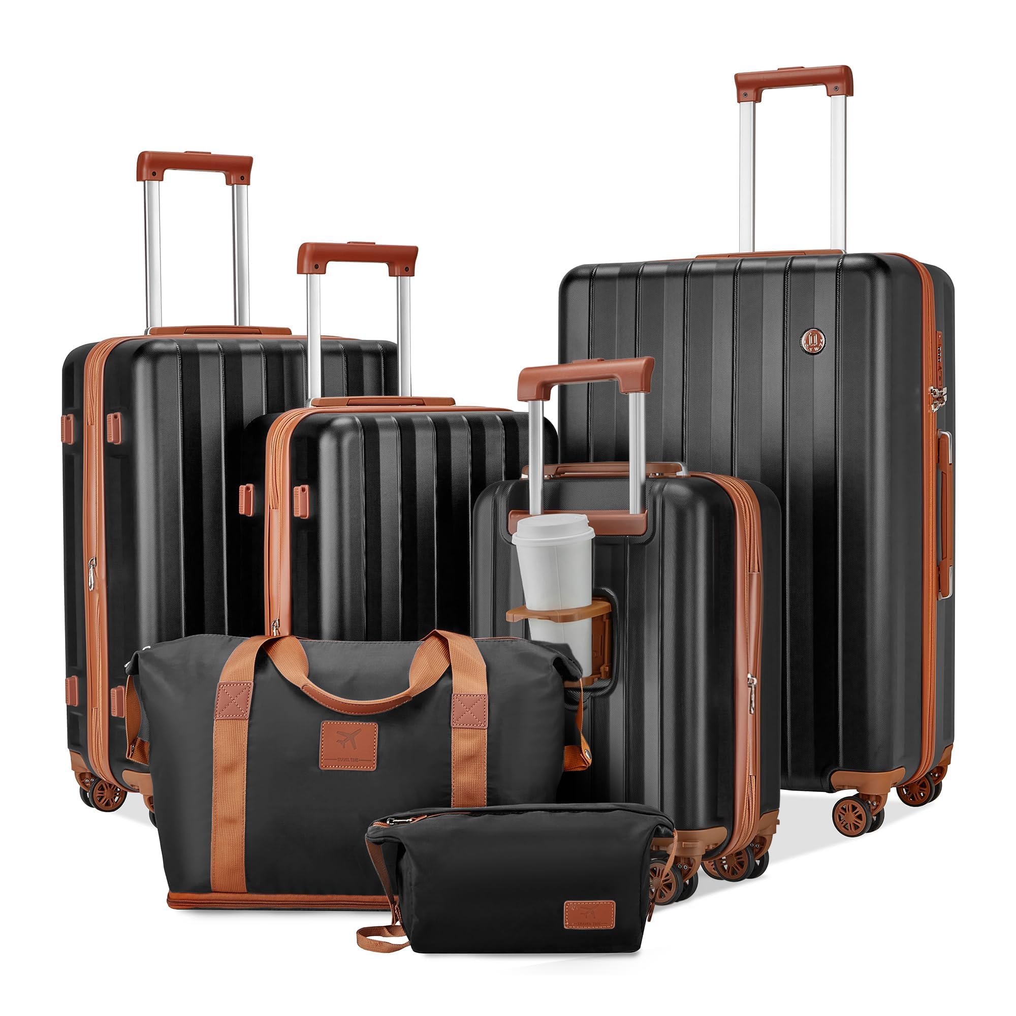 Joyway Set valigie da viaggio 6 pzs, Set di Valigie Rigide 6 Pezzi Espandibile, Valigia bagaglio a mano con porta USB e portabicchieri, Nero Marrone