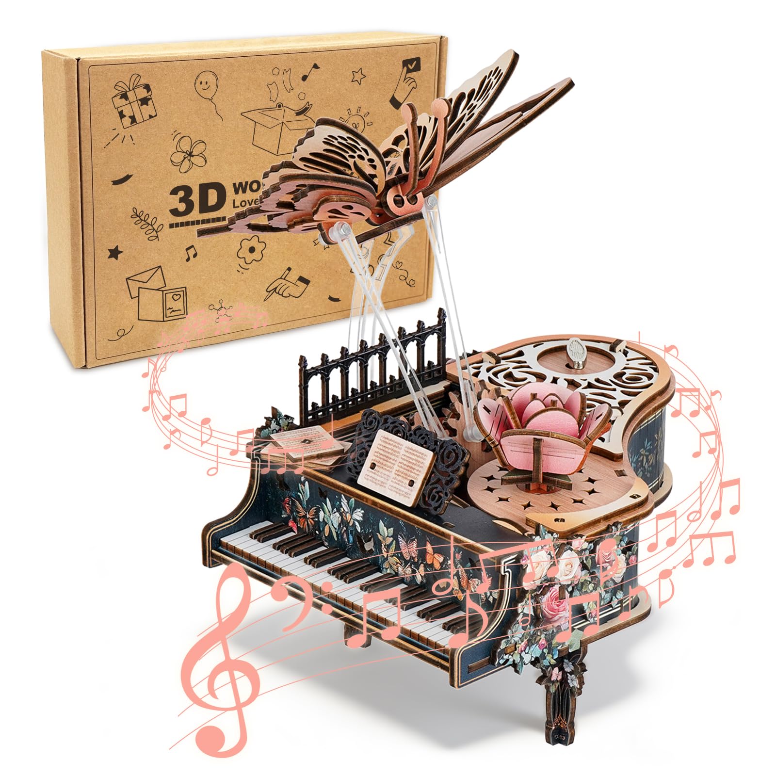 Cutywood 3D Wooden Puzzle Music Box, Butterflies and Flowers Piano 3D Puzzle Model Kits for Adults to Build, Mechanism Model Building Musical Instruments Craft Kits, Creative Gift for Women Men