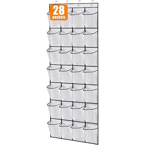MISSLO 28 Large Pockets Over The Door Shoe Rack Hanging Shoe Organizer for Closet Door Shoe Storage Holder Mesh Hanger, White