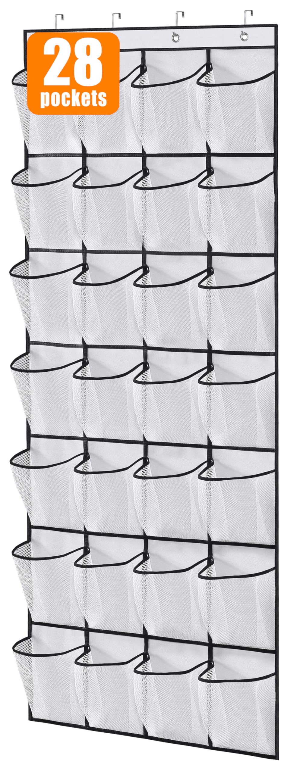 MISSLO 28 Large Pockets Over The Door Shoe Rack Hanging Shoe Organizer for Closet Door Shoe Storage Holder Mesh Hanger, White