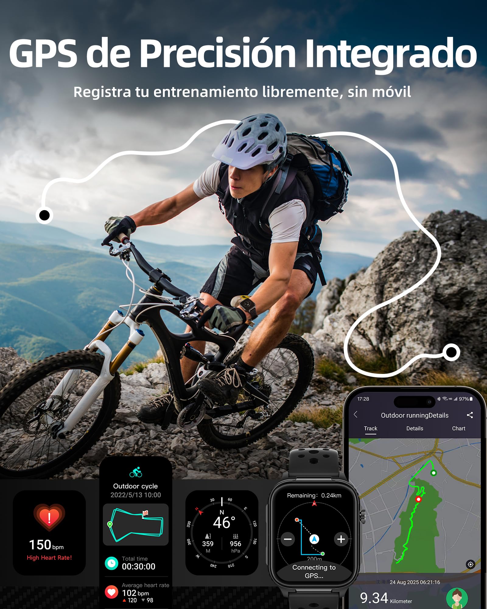 Parsonver Smartwatch GPS dla mężczyzn z wbudowanym GPS, czas pracy 10 dni, 400+ tarcz zegarka, kompas, smartwatch ze 100+ trybami sportowymi, połączenia Bluetooth, tętno, sen (czarny, 1,95")