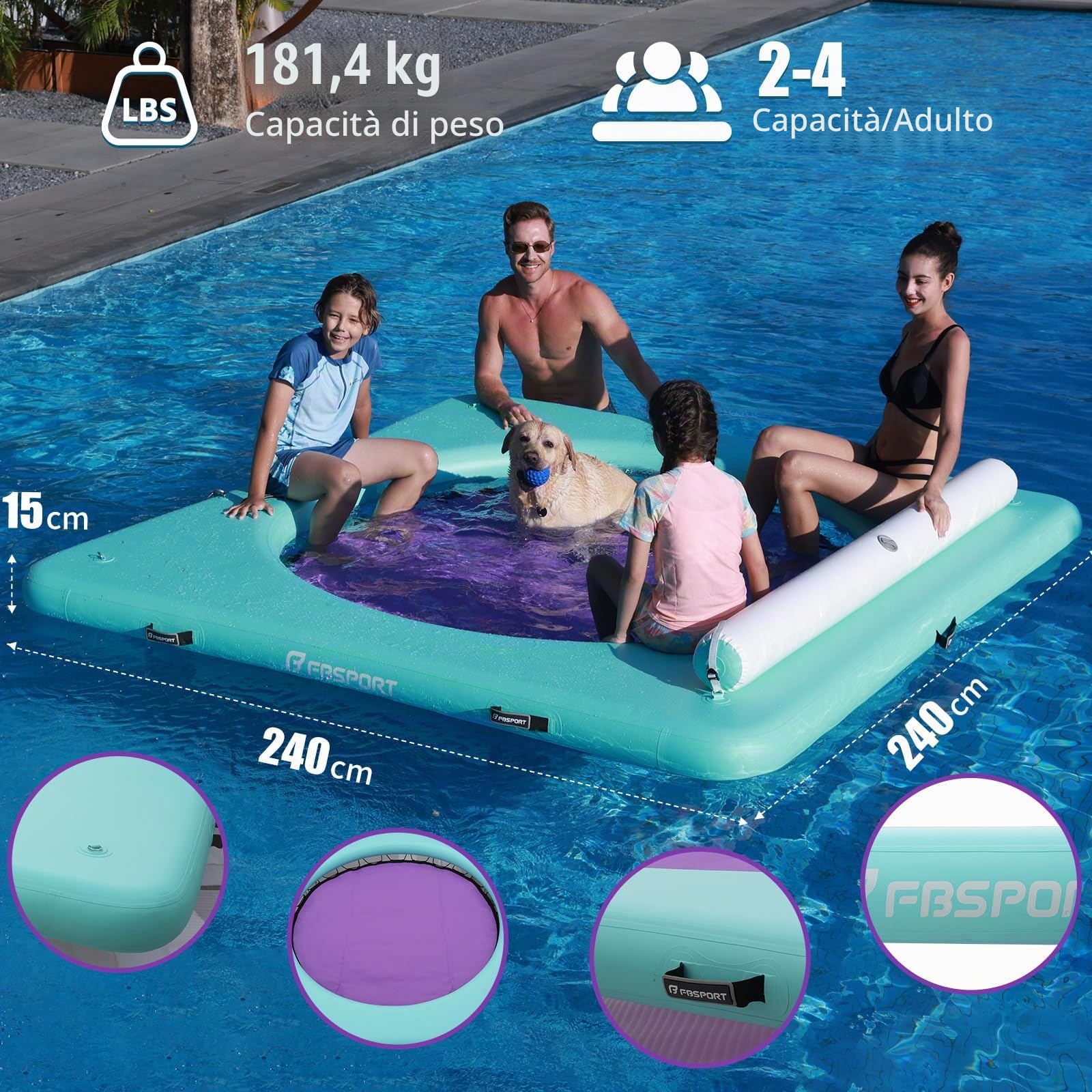FBSPORT Pontile Isola Galleggiante, Amaca D'acqua Rotonda, Piattaforma Galleggiante per Laghi e Piscine con Scala, Portabicchieri, Pompa Gonfiabile e Borsa da Trasporto
