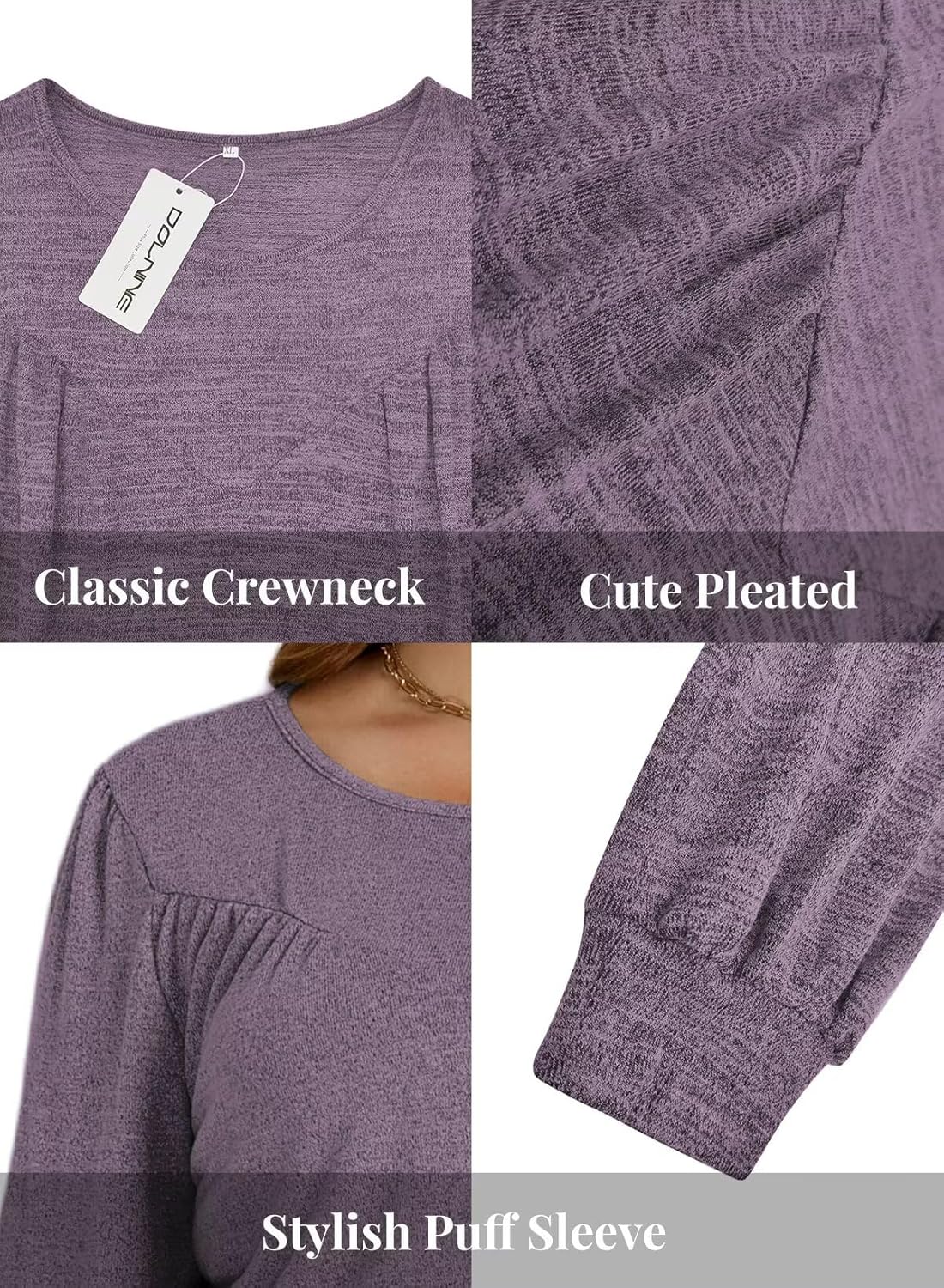 DOLNINE Womens-Plus-Size-Tops Trendy Puff Long Sleeve Shirts Cute Crewneck Pleated Blouses Lightweight Loose Fit Sweatshirts - Image 4
