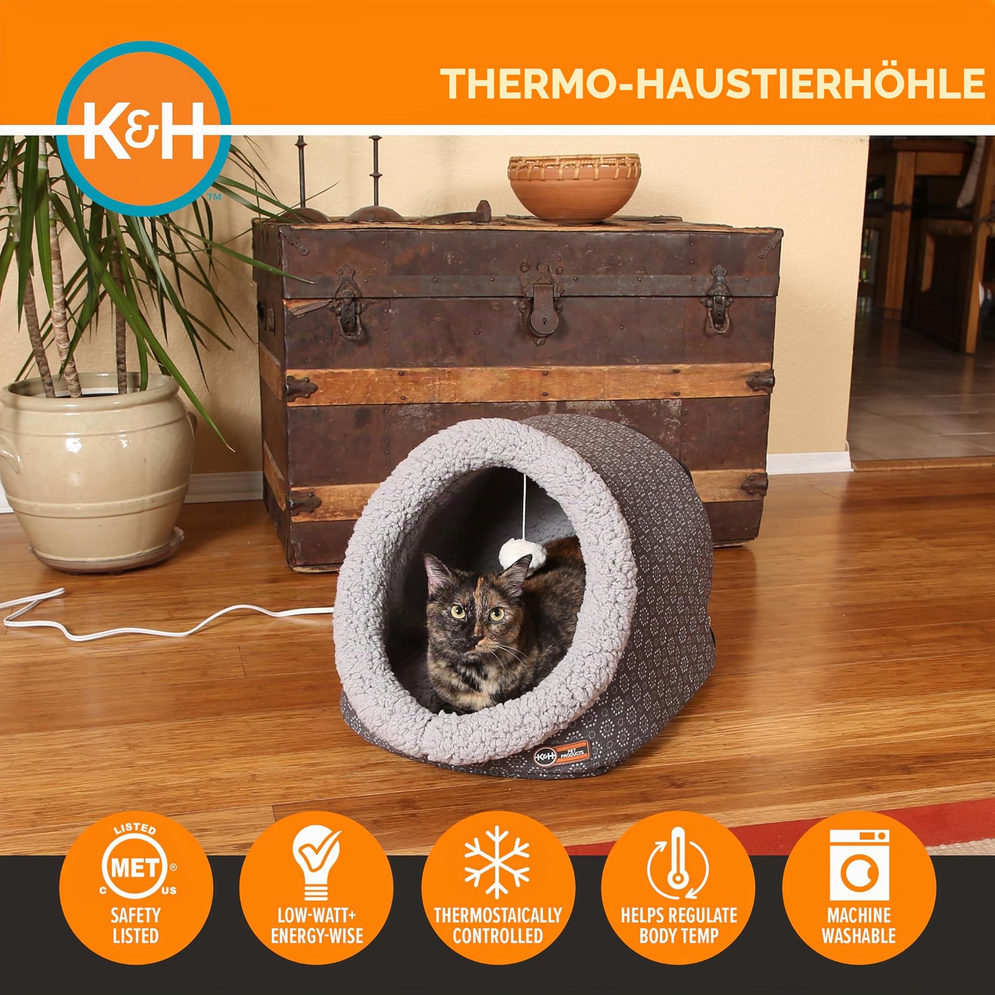 K&H Pet Products Thermo-Pet Cave Beheiztes Katzenbett, Grau/Geo-Blume, 43,2 x 38,1 x 33 cm