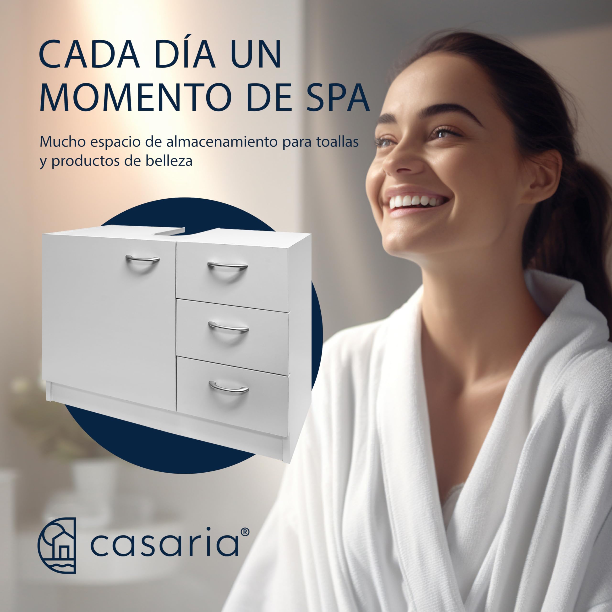 CASARIA Mueble Bajo Lavabo Armario Baño 63x54x30cm Blanco | MDF, 3 Cajones, 1 Puerta, Almacenaje, Toallas, Utensilios Baño, Abertura para Sifón, Organizador, Mueble, Orden, Accesorios