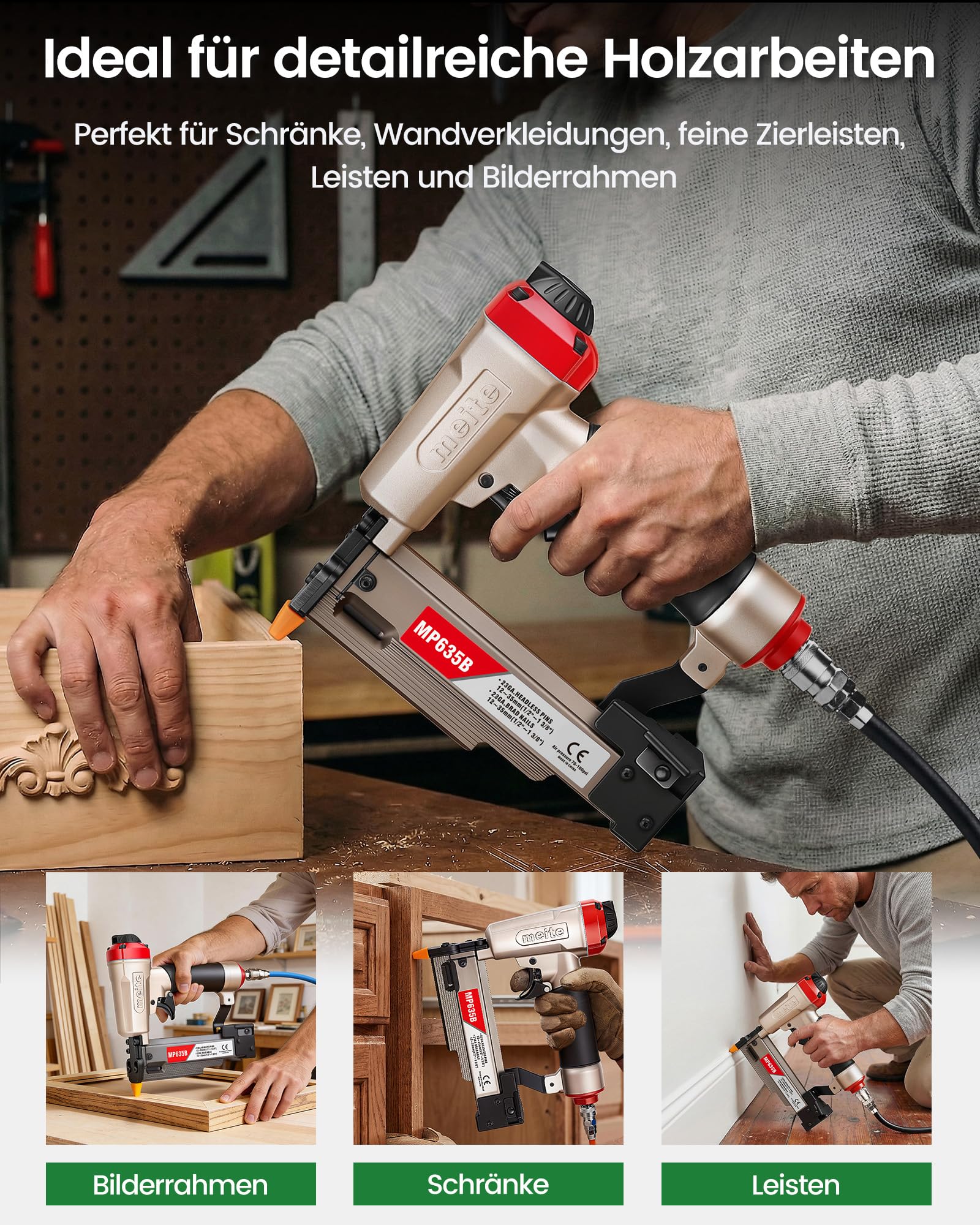 meite MP635B Druckluft Stiftnagler mit 10000 Stück 23 Ga 25 mm Kopflose Stifte, Kompakte für 12–35 mm Länge, Druckluft-Nagelpistole Kompakte für Zierleisten, Bilderrahmen und Feine Holzarbeiten