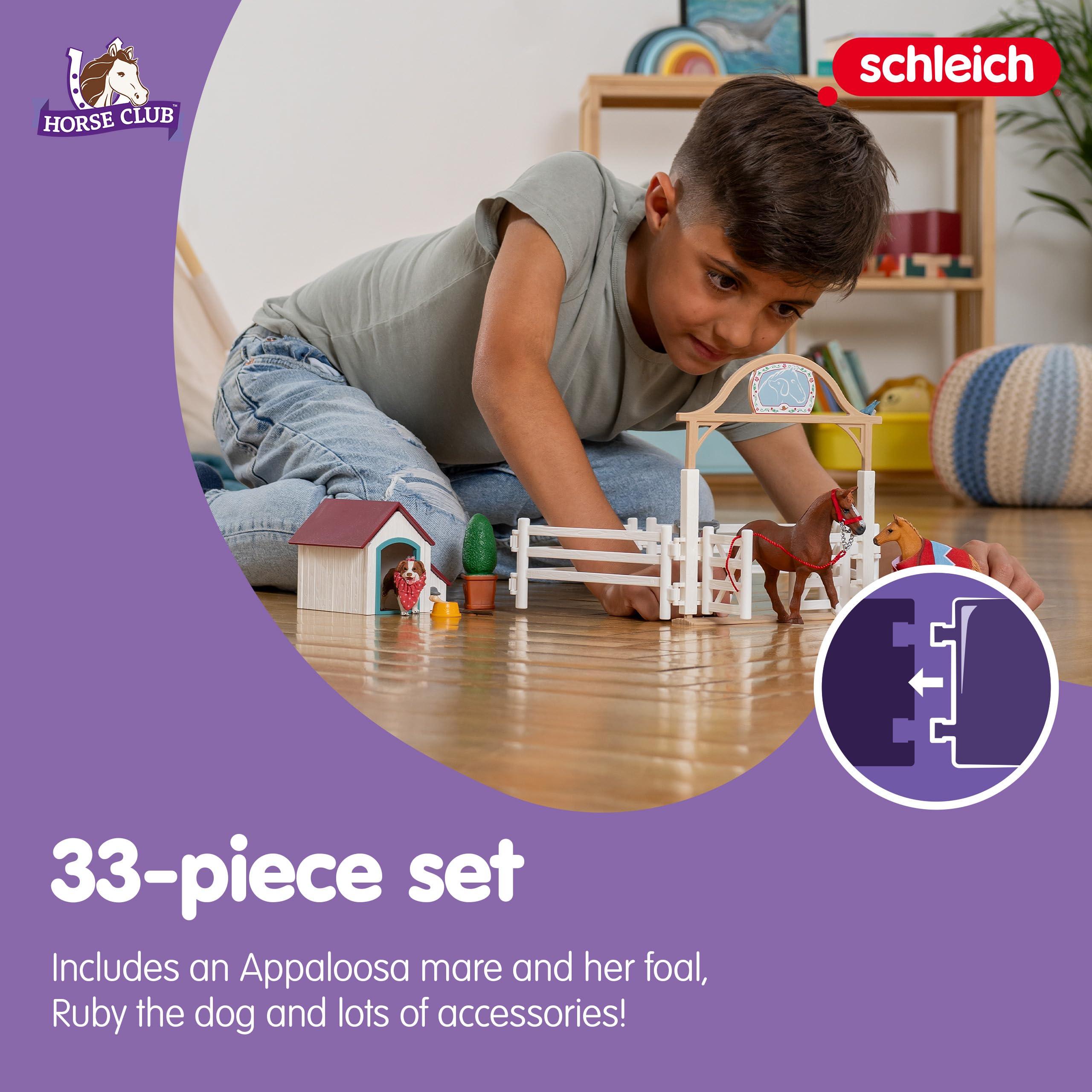 SCHLEICH 42458 Horse Club Hannahs konie gościnne z suką Ruby, 33-częściowy zestaw do zabawy z 2 figurkami koni, 1 x figurka psa i akcesoria, zabawka dla dzieci od 5 lat