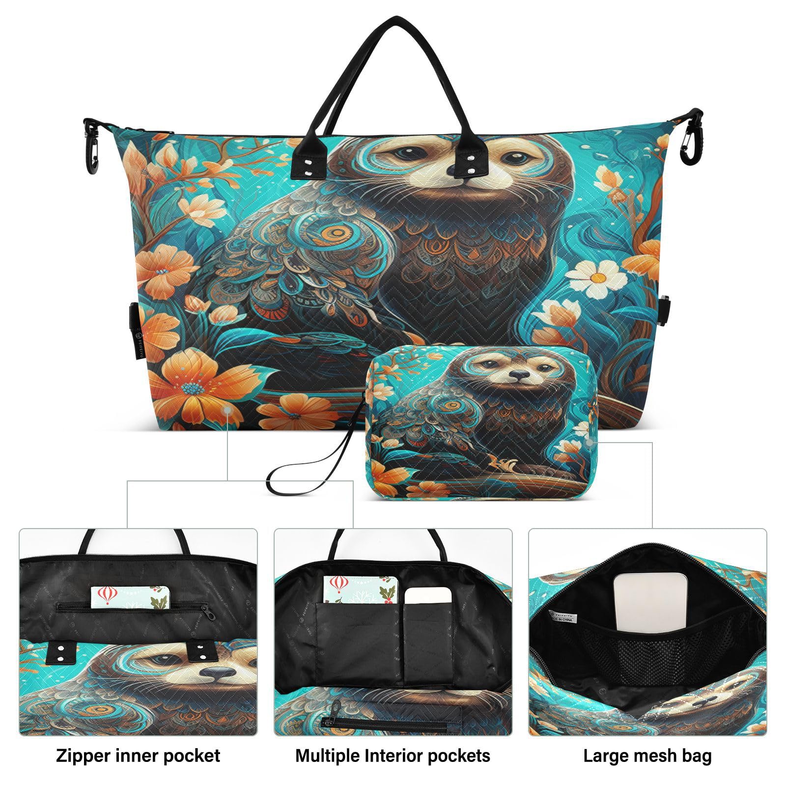 Flower Pattern Otter Sports Swim Gym Bag Weekender Duffel Travel Bags Handbag with Makeup Storage Bag for Girls Men