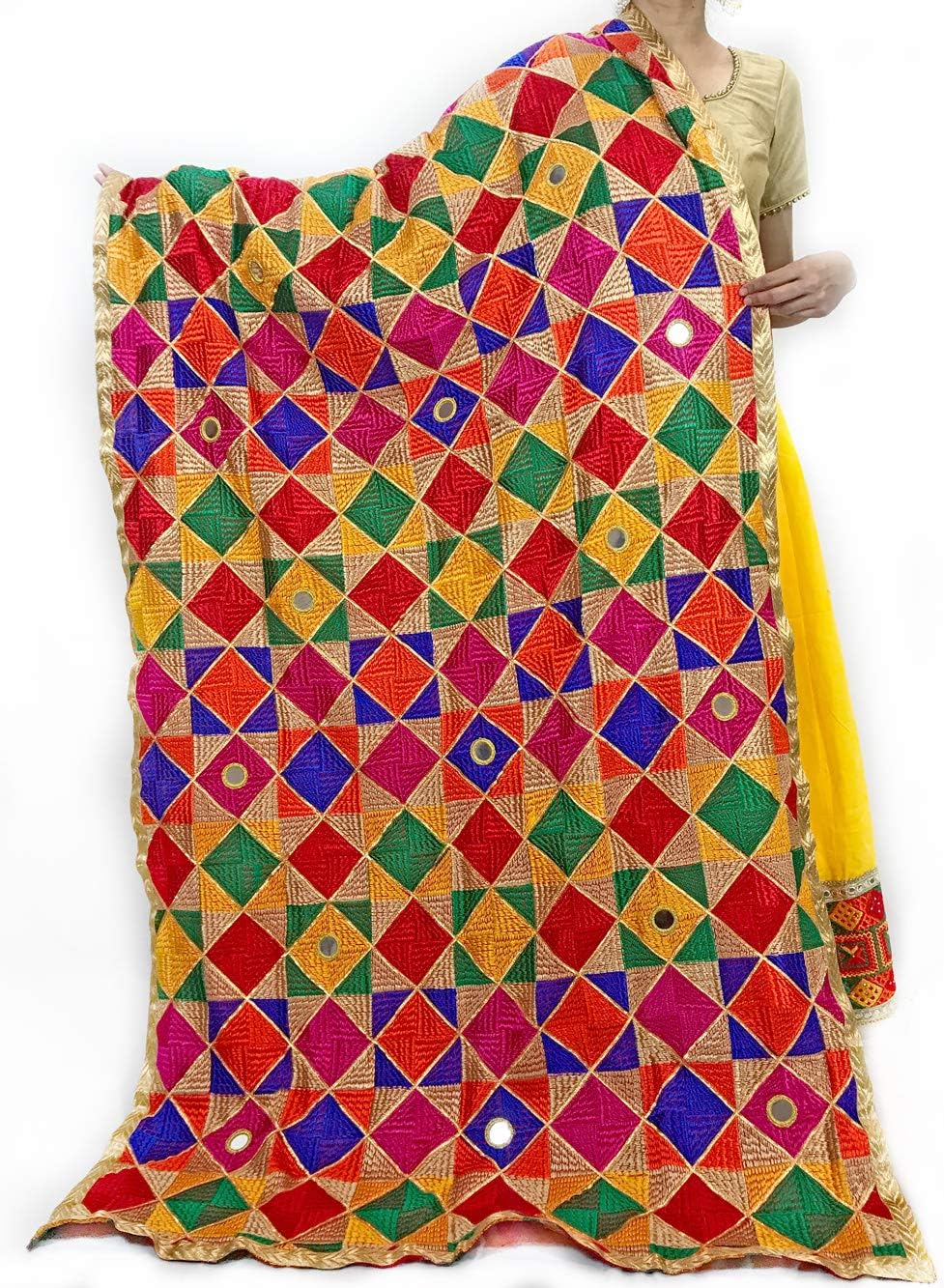 PinkPhulkari California Indian Punjabi Traditional Multi Color Mirror Phulkari Dupatta for Women/Scarf/Decor/Gift/Shawl/Wrap