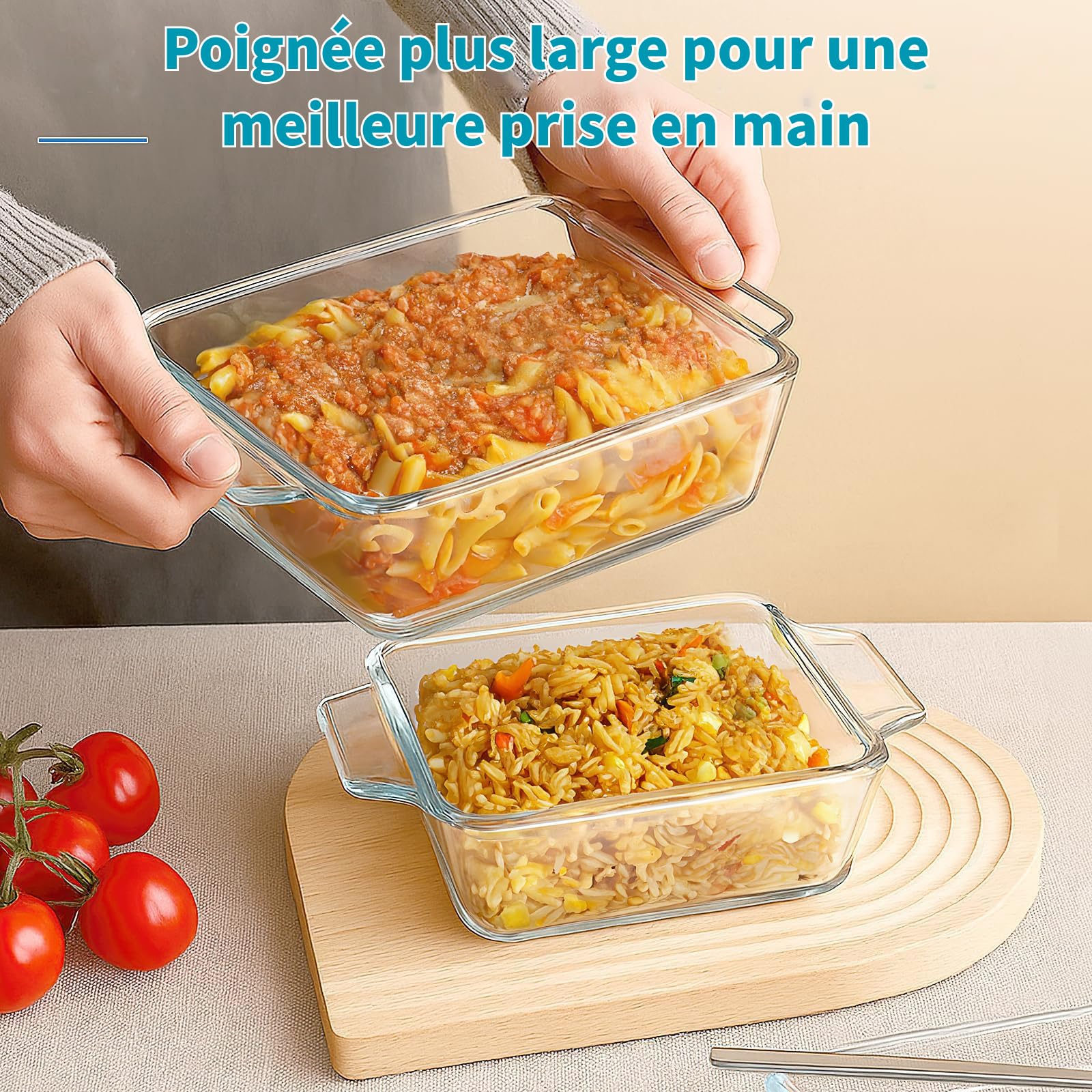 Set di 2 piatti da Gratin rettangolari in vetro con coperchio, casseruole trasparenti con maniglie, piatti per lasagne resistenti al forno e microonde, cucina, casa ristorante, hotel (2L+1L)