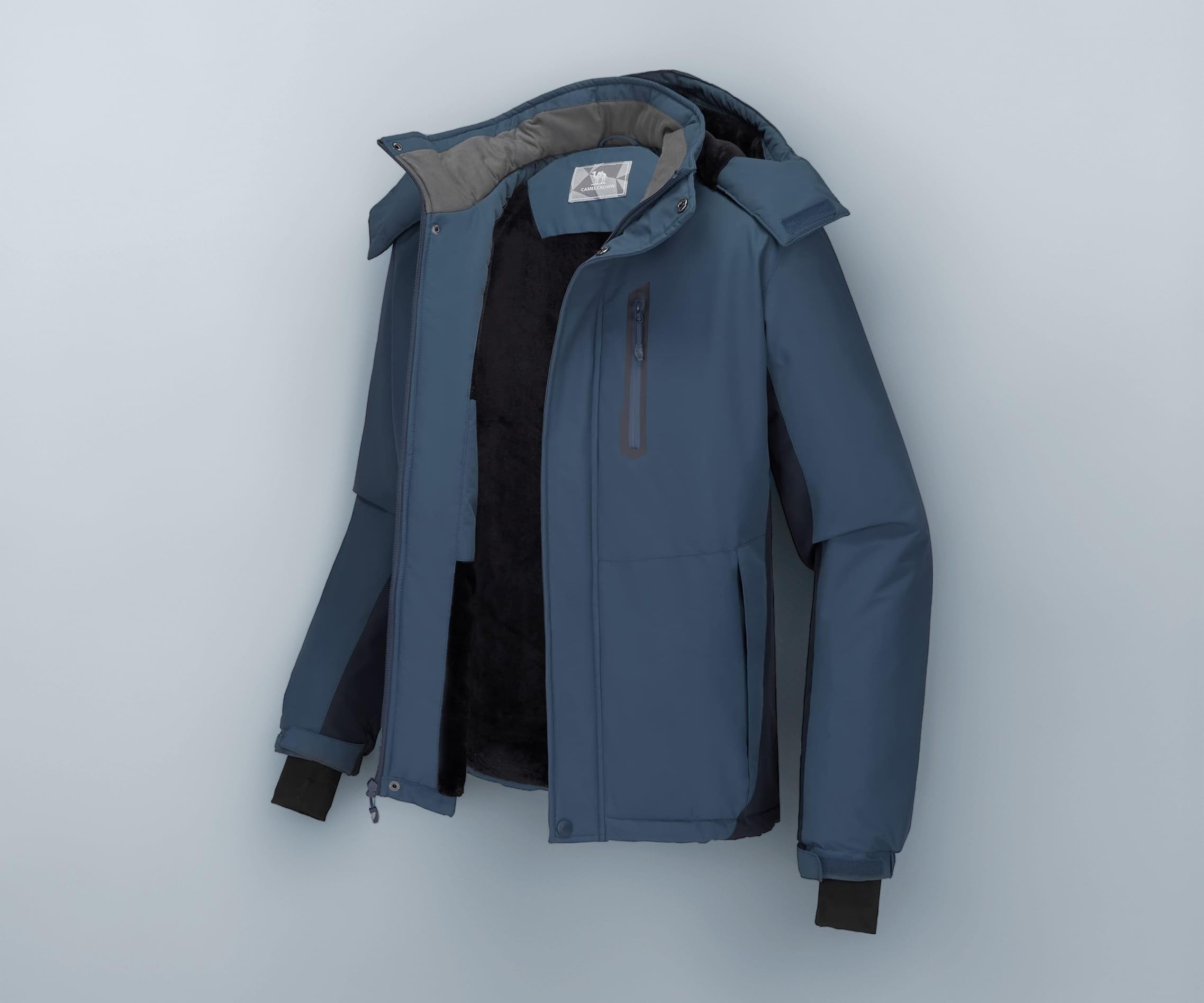 CAMEL CROWN Men's Mountain Snow Waterproof Ski Jacket Detachable Hood Windproof Fleece Parka Rain Jacket Winter Coat