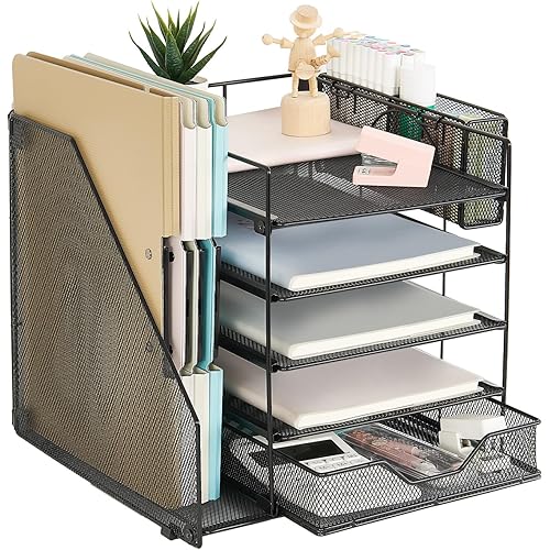 gianotter 5-Tier Paper Letter Tray Organizer with File Holder, Desk Organizer with Drawer and Pen Holder, Mesh Desktop Storage with Magazine Holder for Office Supplies (Black)