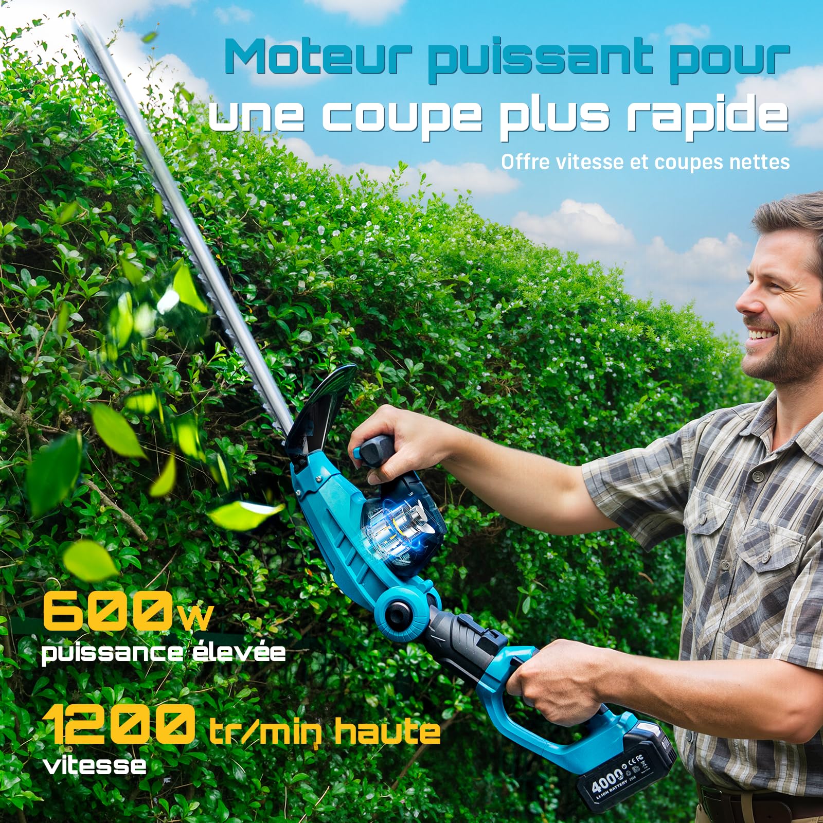 SEESII Taille Haie Batterie 2 en 1, Taille-Haies Électrique avec Lame de 53 cm, Portée Maximale de 2,6 m, Capacité de Coupe de 18 mm, 2 Batteries de 4,0Ah, Convient pour Jardin, Arbres et Arbustes