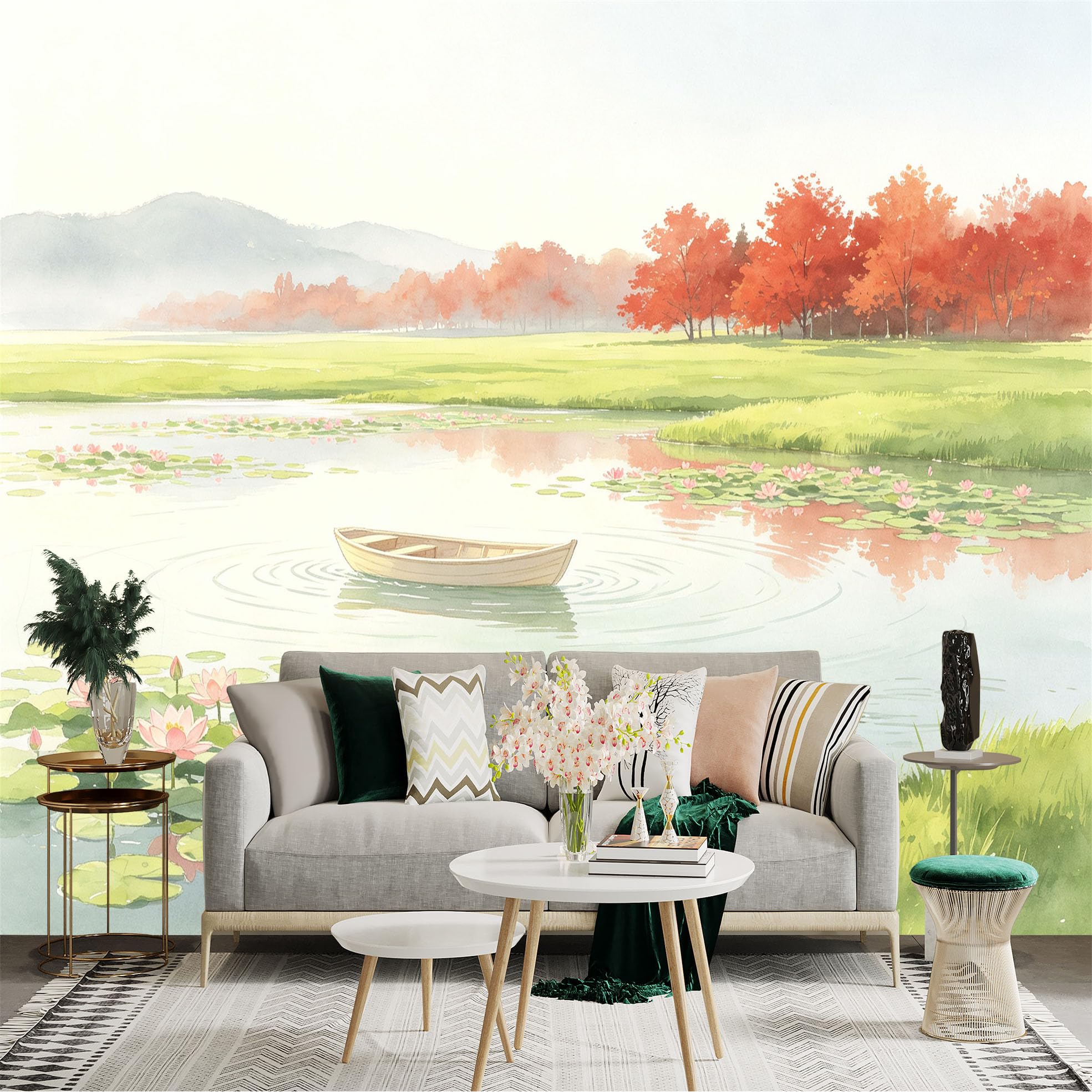 Custom Size Wall Sticker Mural， Watercolor Lotus Pond， Peaceful Boat Scene， Autumnal Trees， Swimming Ducks， for wall Decoration， peelandstick wall Decals.