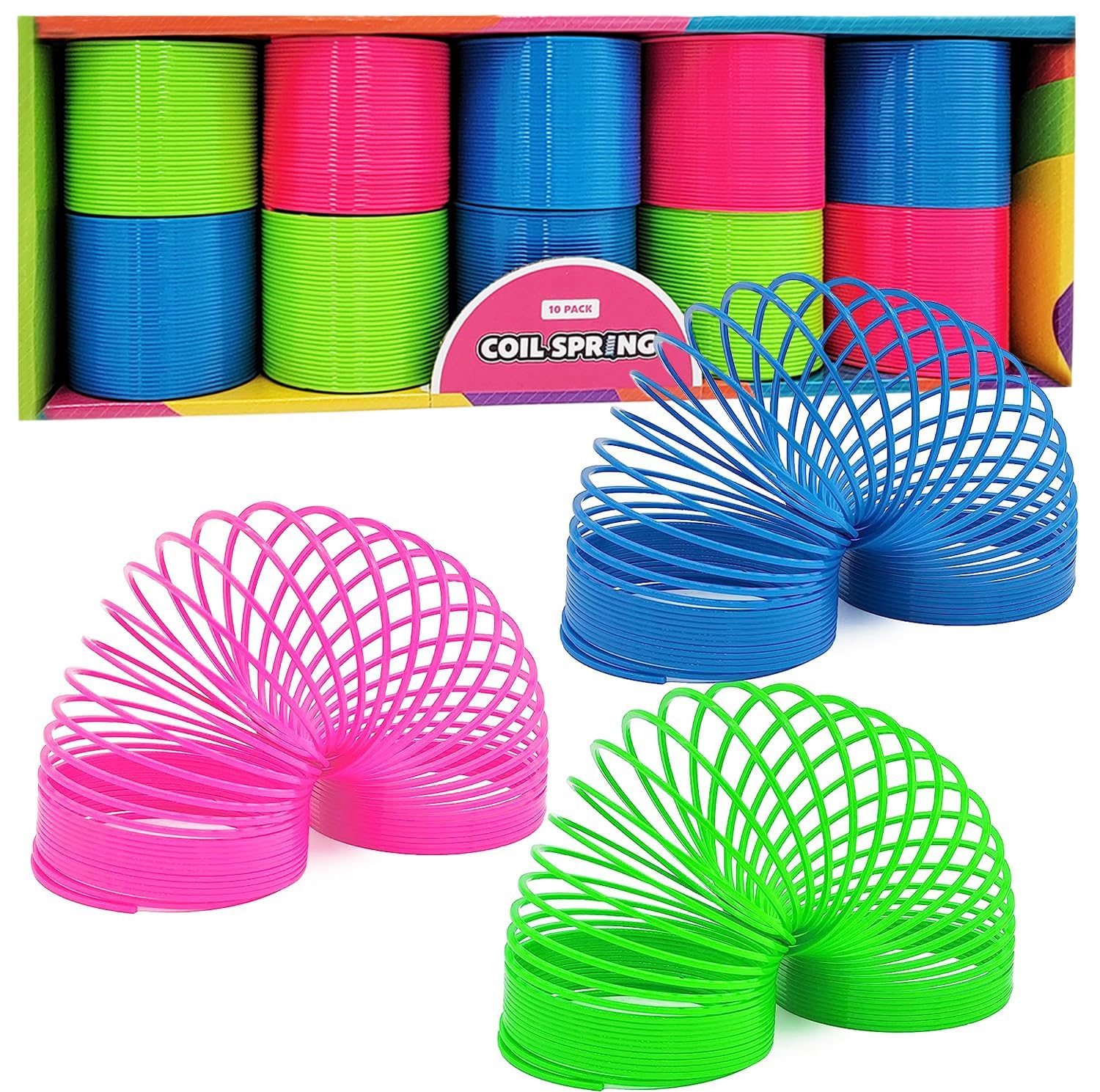 The Dreidel Company Neon Plastic Multicolor Coil Spring, Goody Bag Fillers, Party Favor for Kids, 3" Inches (80mm) (20-Pack)
