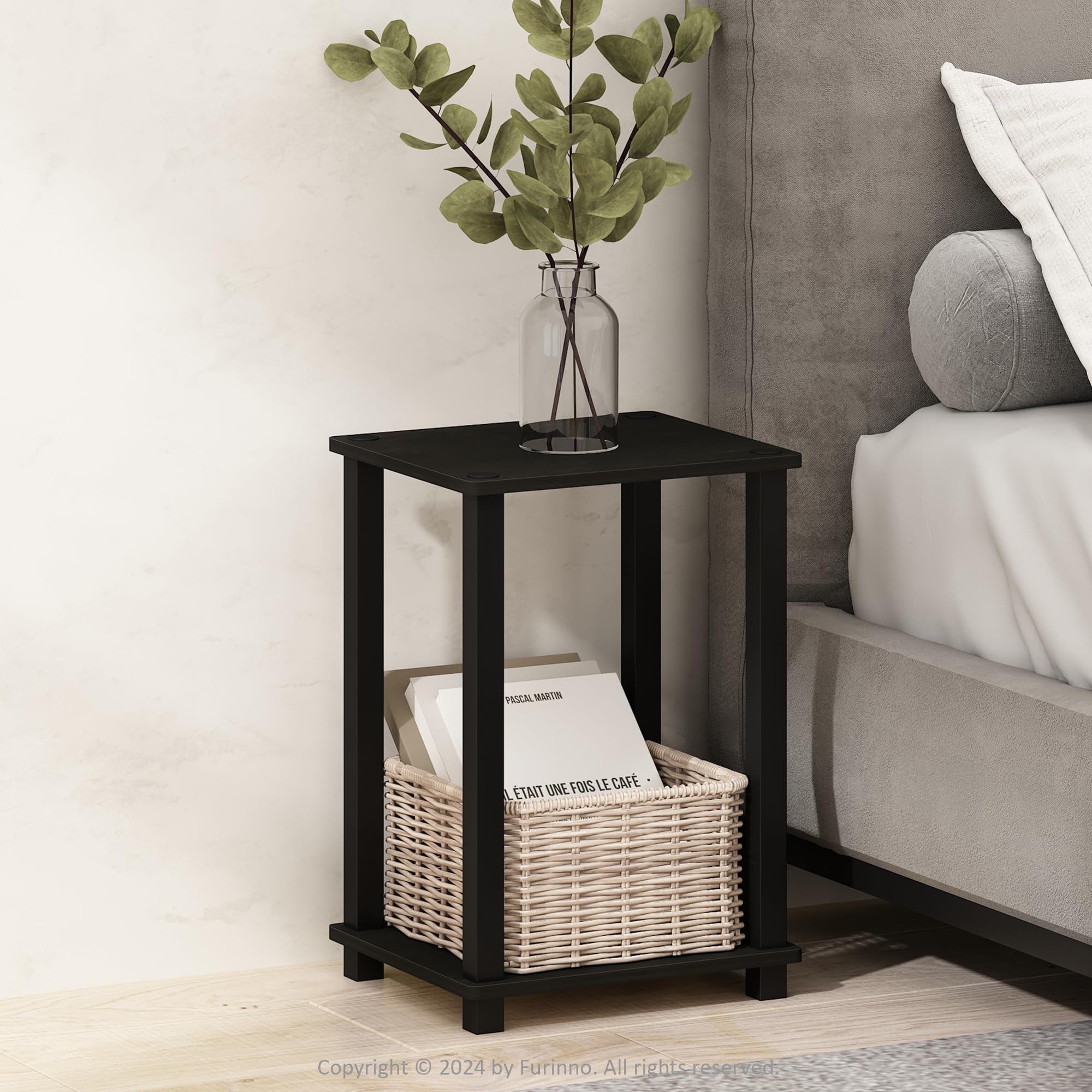 Furinno SIMPLISTIC Night Stand, 2-Tier Small Nightstand with Open Shelf, Toolless Assembly Bedside Table, End Table, Side Table, for Bedroom, Living Room, Espresso