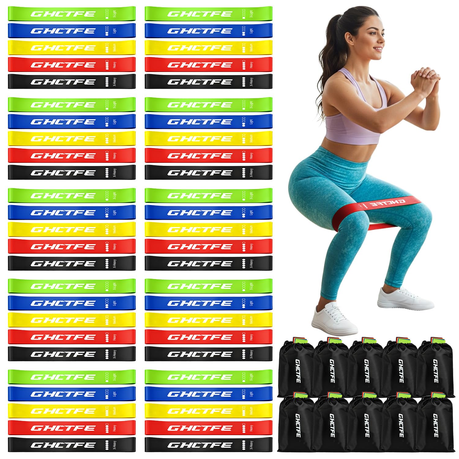 50PCS Resistance Bands Bulk Pack for Gym Studios Trainers Schools 10 Mini Bands Sets 5 Levels Color-Coded Durable