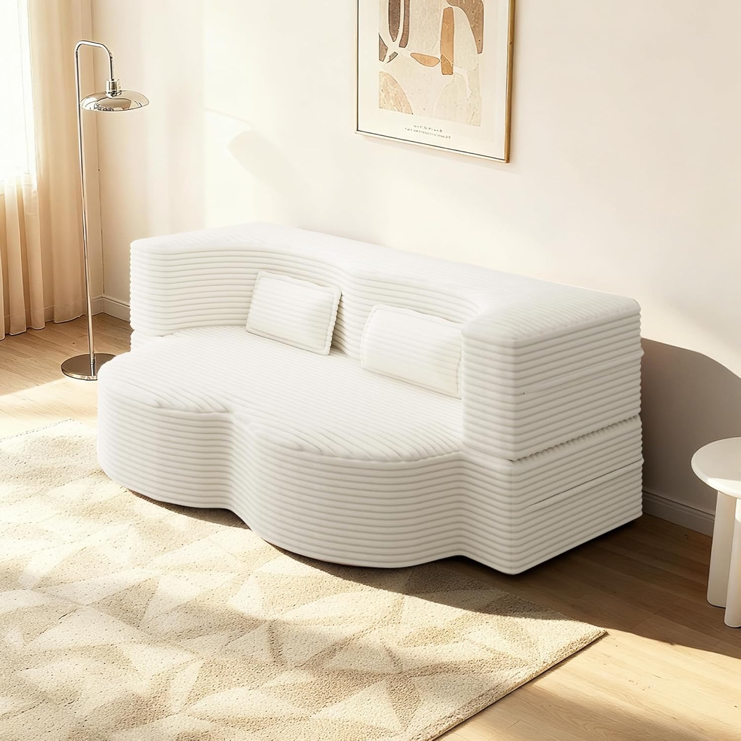 78" Full Size Convertible Sofa Bed, 2-in-1 Folding Floor Couch with 2 Pillows, Sleeper Sofa for Living Room and Bedroom, No Assembly Required (Beige, Corduroy Fabric)