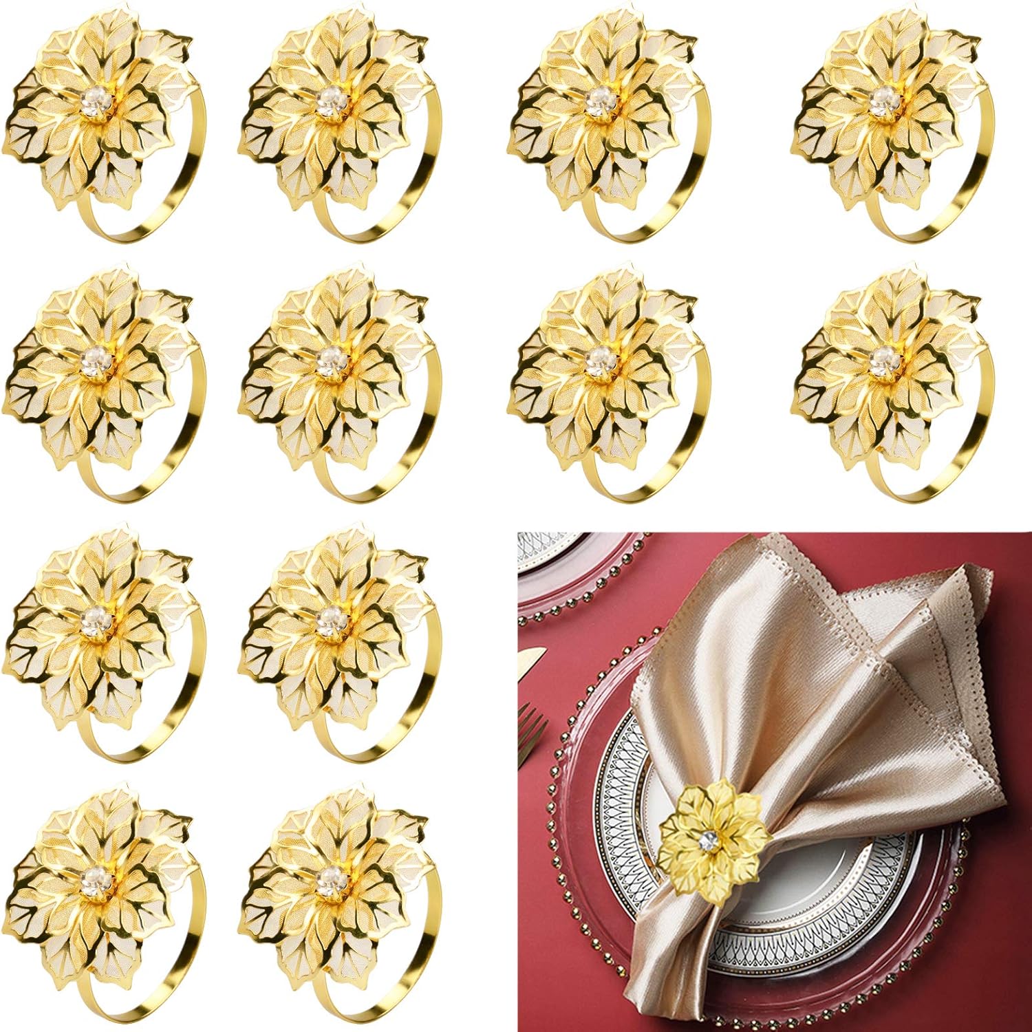 LASZOLA Set of 12 Alloy Flower Napkin Rings Hollow Out Floral Napkin Holder with Rhinestone, Exquisite Household Napkins Rings Set for Easter Christmas Thanksgiving Dinner Wedding Decor (Gold)