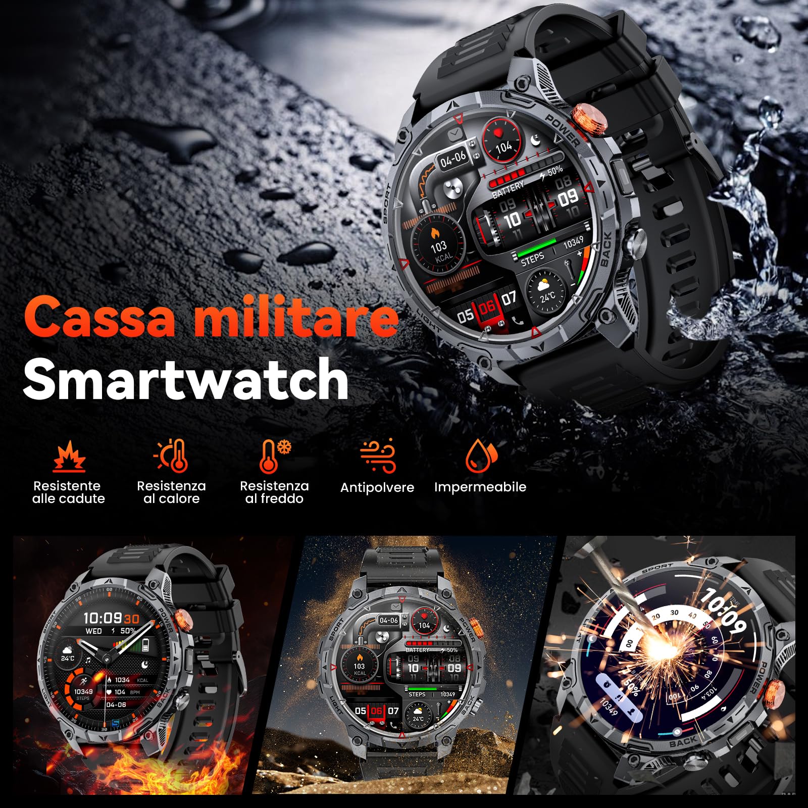 Smartwatch Uomo Militare,1000mAh Batteria 100 Giorni,1.75''HD Orologio uomo con Chiamate,Tracker Attività con 100+ Modalità Sportive,IP68 Impermeabile,Torcia,Cardiofrequenzimetro,SpO2 per Android iOS