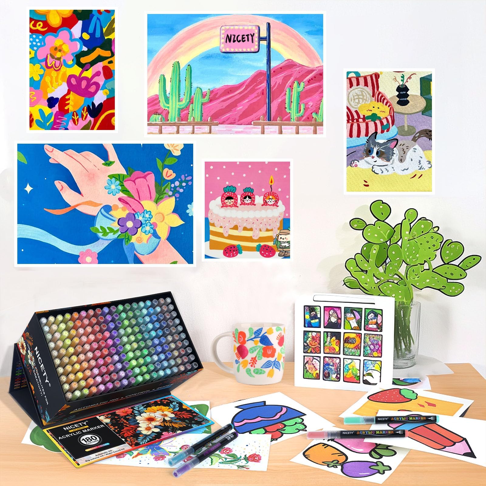 NICETY 180 Acrylstifte für Steine Wasserfest - Pinselspitze Acrylmarker für Steine, Holz, Stoff, Leinwand, Glas, Keramik, 1-6mm Multimarker Acrylfarben Marker Set