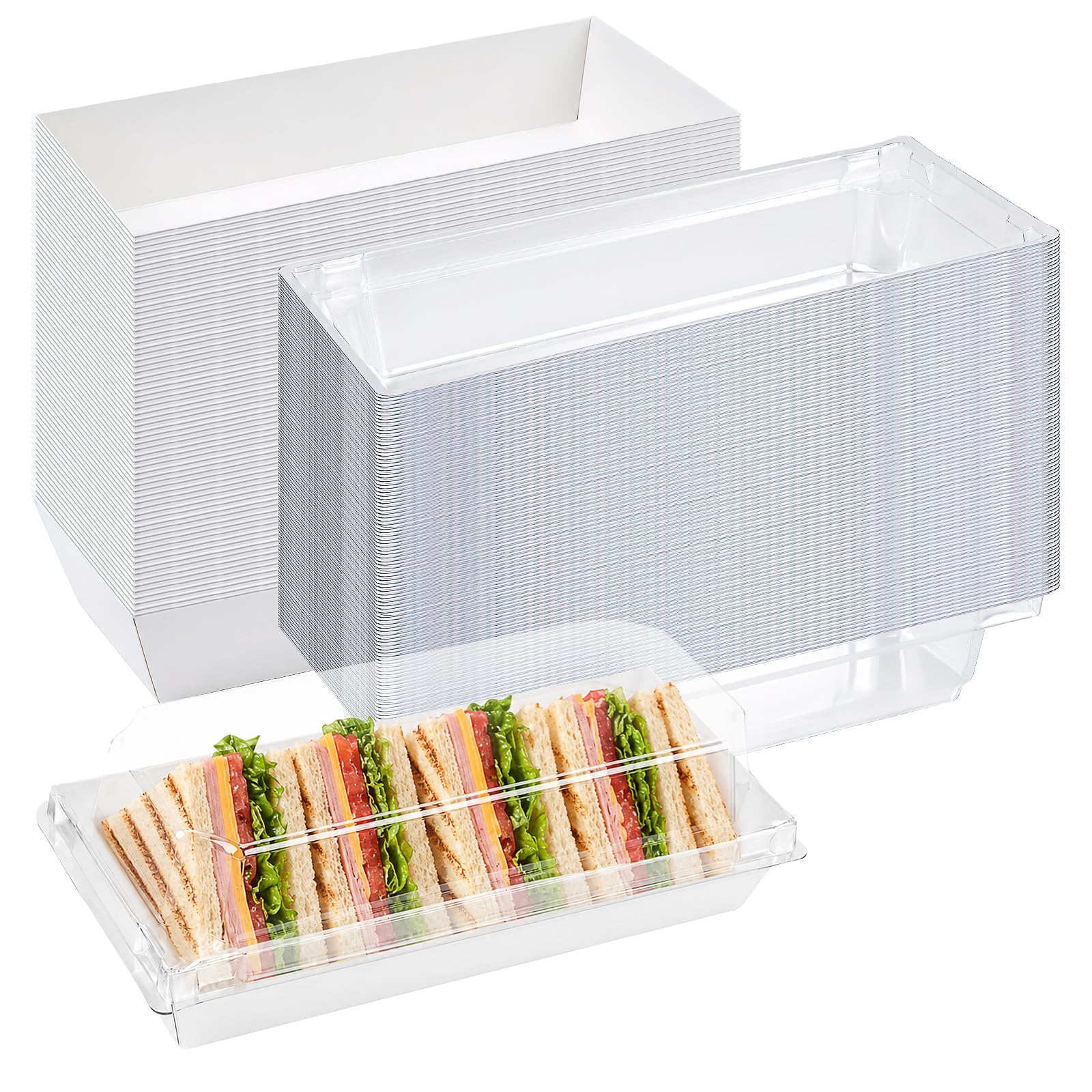 DHNDO 100 Pack Charcuterie Boxes with Clear Lids, Disposable Cardboard Bakery Boxes Bulk, 20 x 9.5 x 6.5 cm Rectangular Takeaway Containers for Cakes Cookies Sandwich Hot Dogs Pastry
