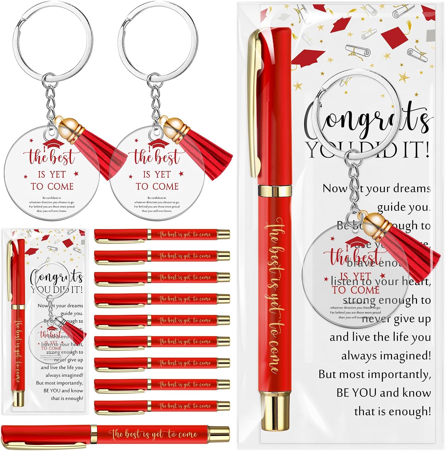 AmazingSpark 30 Set Graduation Gifts Bulk Class of 2026 Metal Ballpoint Pens Acrylic Keychains with Tassels and Congrats Greeting Cards Grad Party Favors for Teacher Student School Supplies (Red)